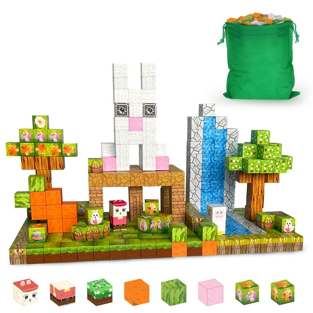 120pcs Magnetic Blocks,Farm-Forest Animals Magnetic Building Toy with Flowers,Carrot,Bunnies, for Boys and Girls Age 3-5 6-8, Sensory Toys for Toddlers, Gifts for Easter Birthday