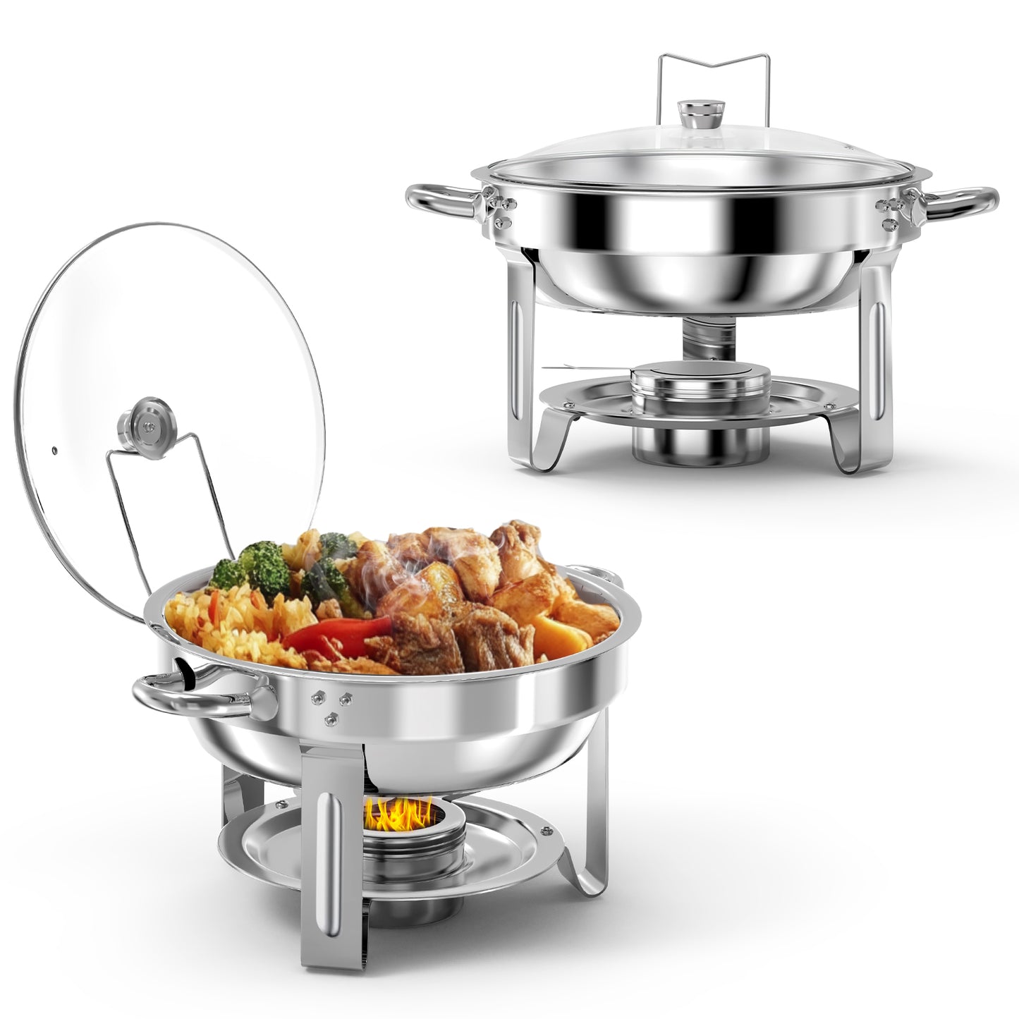 Loewten 2-Pack Chafing Dish Buffet Set,5QT Stainless Steel Catering Food Warmer with Lid & Holder for Parties, Events,Silver