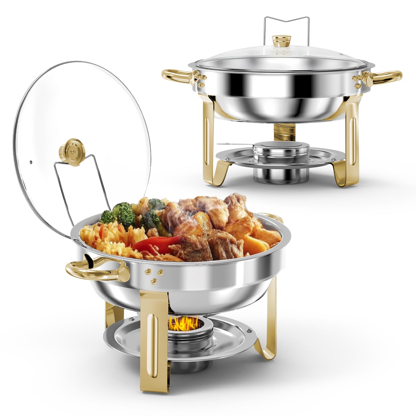 Loewten 2-Pack Chafing Dish Buffet Set,5QT Stainless Steel Catering Food Warmer with Lid & Holder for Parties,Events,Gold