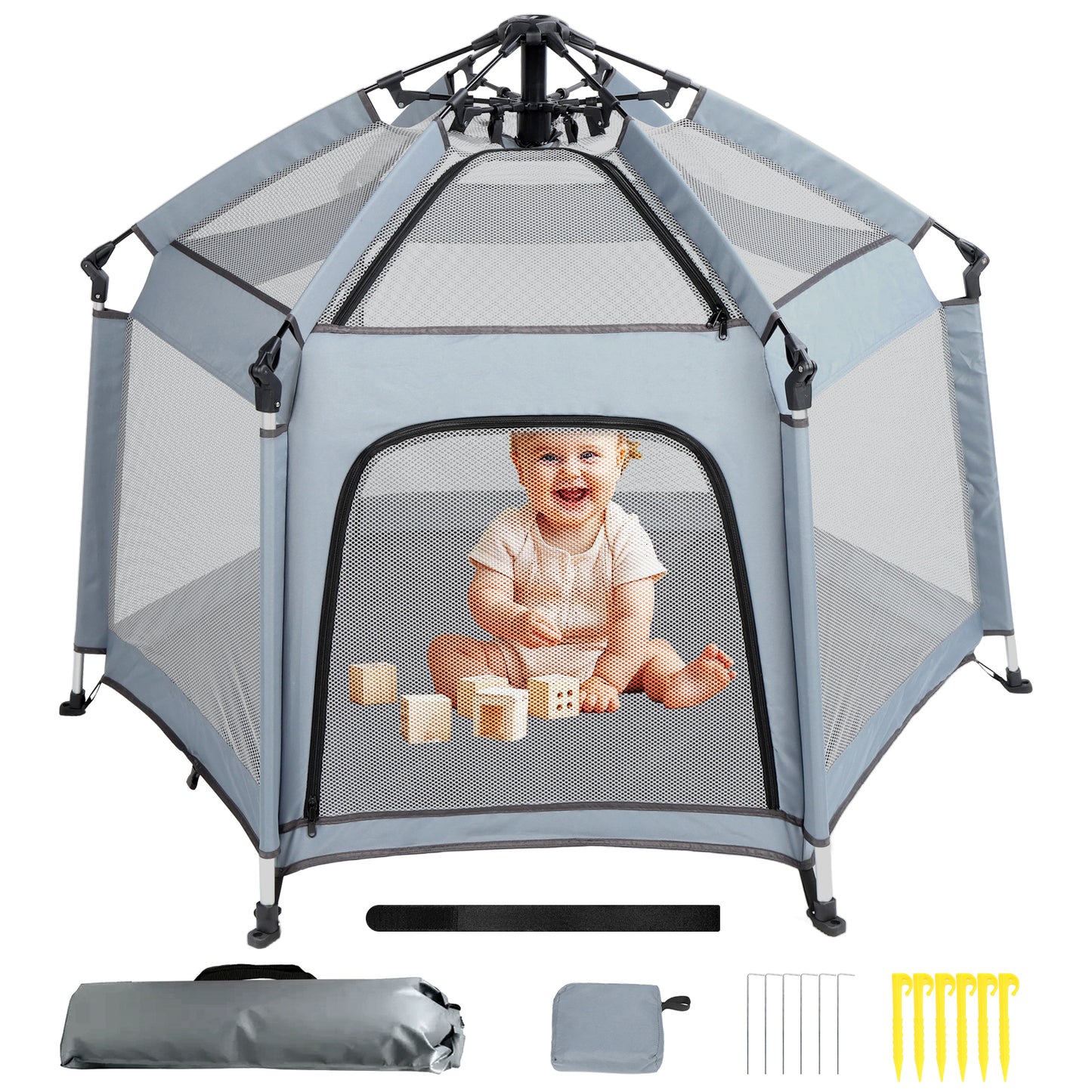 Baby Playpen with Canopy, Portable 1-Click Set Up Baby Tent,Foldable Playpen for Beach, Camping, Home, Lightweight Versatile Toddler Tent, with Travel Bag