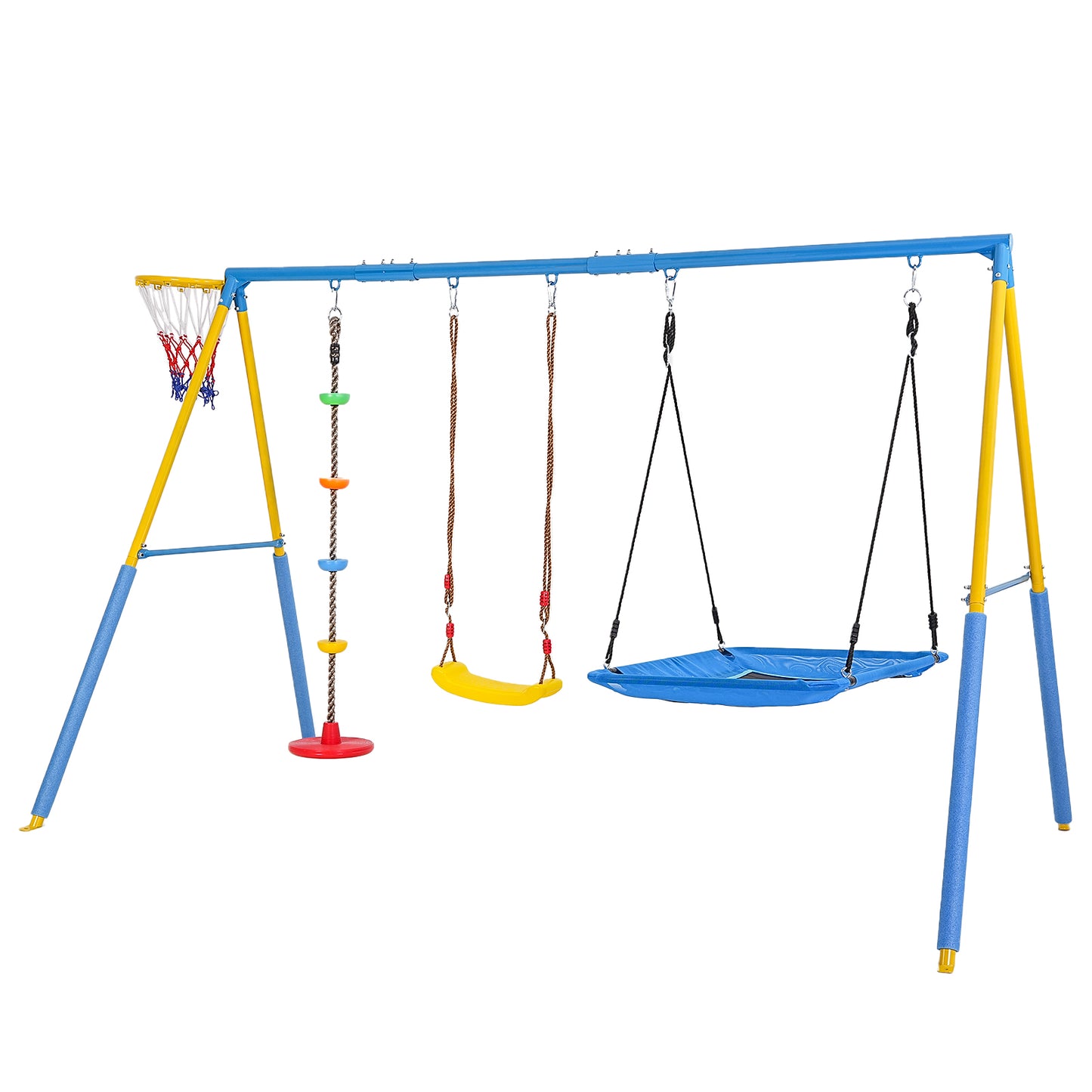 4 in 1 Swing Sets for Outside,kids Metal Swing Set with Saucer Swing,Climbing Rope,Basketball Hoop