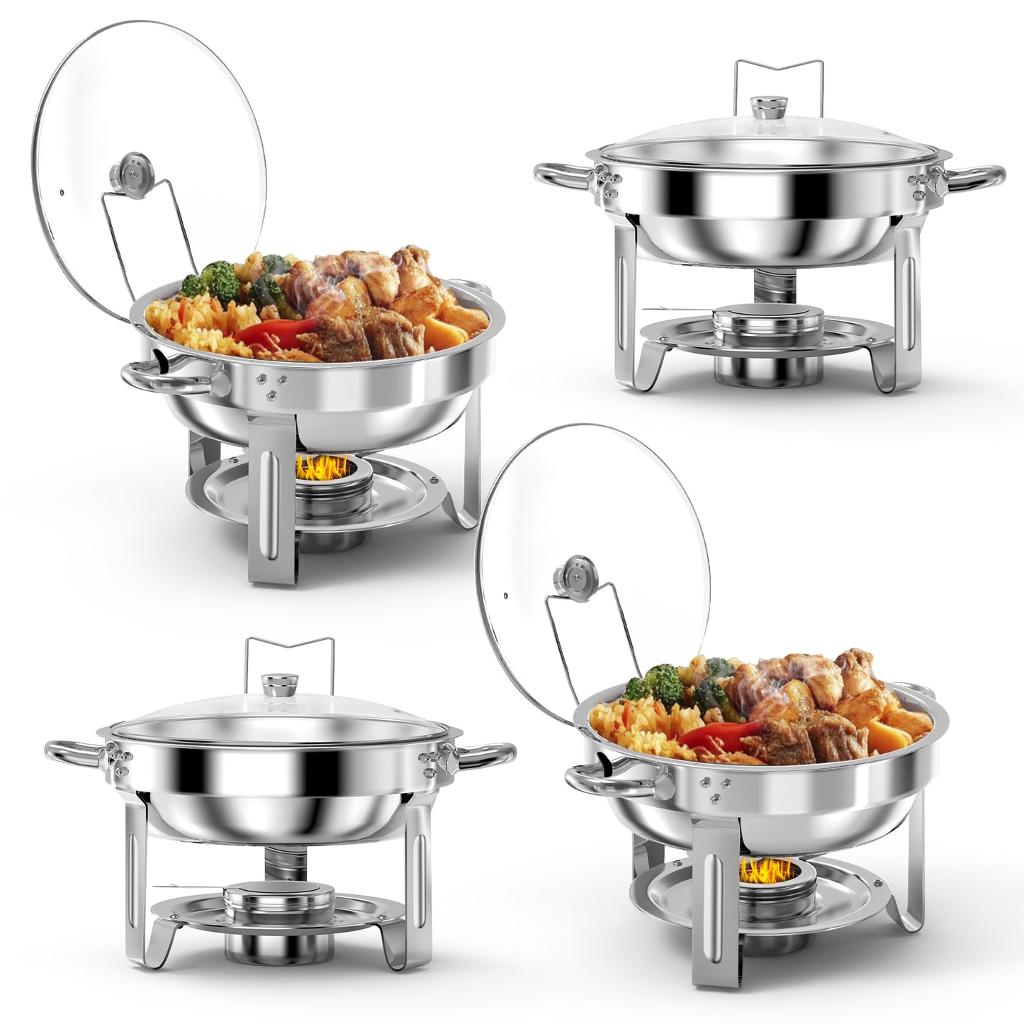 Loewten 4-Pack Chafing Dish Buffet Set,5QT Stainless Steel Catering Food Warmer with Lid & Holder for Parties, Events,Silver