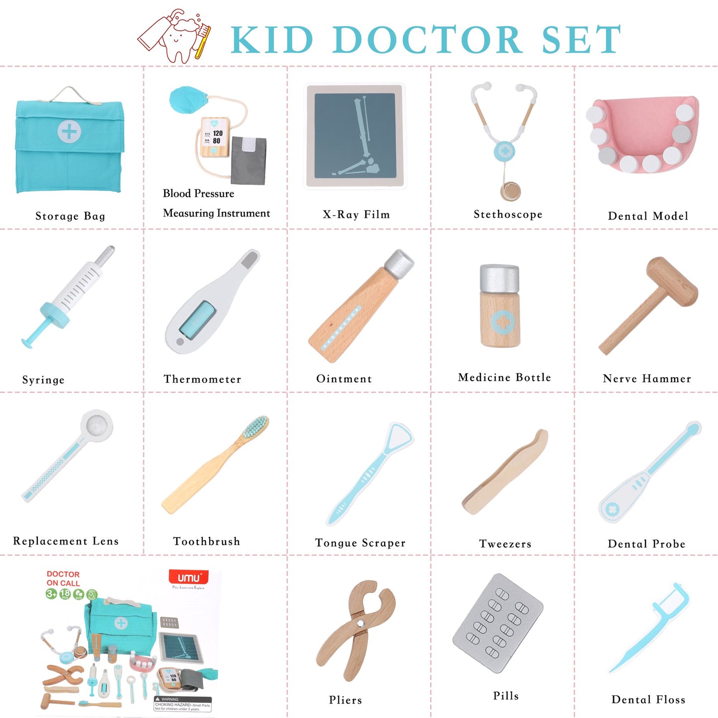Doctor Set for Toddlers Kids Dentist Role Play Toy Set, 18 Piece Wooden Medical Set, Doctor Toy with Stethoscope and Medical Storage Bag, Gift for 3 4 5 Year Old Boys and Girls(Blue)