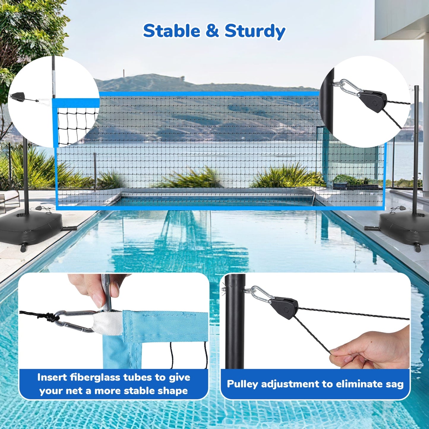 Led Pool Volleyball Net Set With Colorful Lights,15ft-32ft Adjustable Volleyball Game Set For Inground Pool, Kids Adults Swimming Pool Water Volleyball Games Toy For Backyard Party Sport