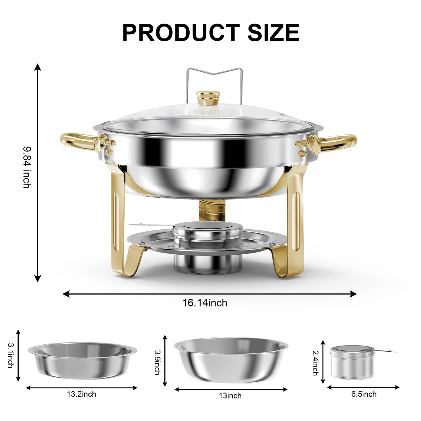 Loewten 4-Pack Chafing Dish Buffet Set,5QT Stainless Steel Catering Food Warmer with Lid & Holder for Parties,Events,Gold