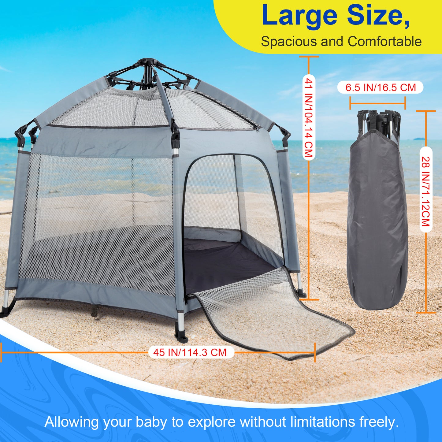 Baby Playpen with Canopy, Portable 1-Click Set Up Baby Tent,Foldable Playpen for Beach, Camping, Home, Lightweight Versatile Toddler Tent, with Travel Bag