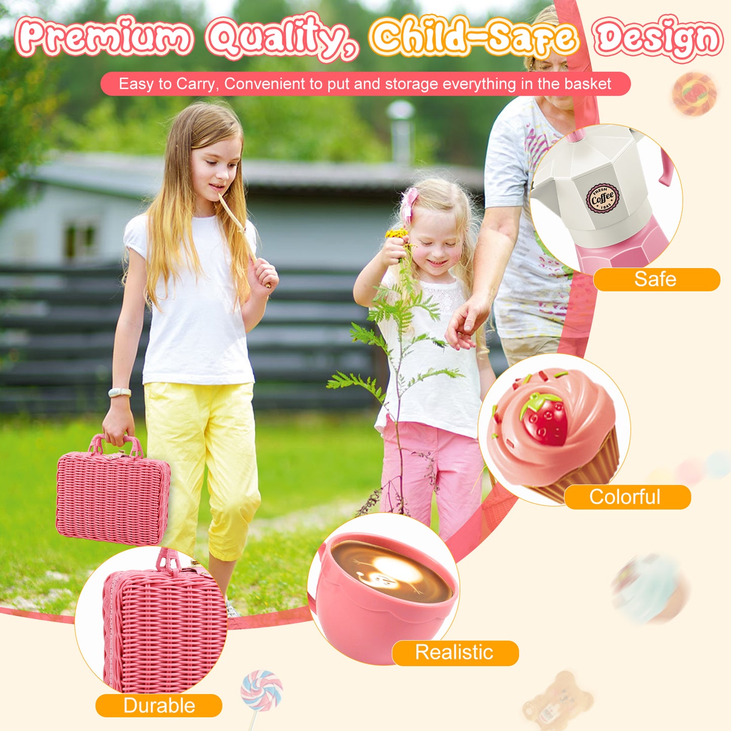 Crtynell Tea Party Set for Little Girls, 30 Pcs Picnic Basket Set with Carry Case, Teapot, Tea Cup, Dessert & Table Cloth, Pretend Play Toy Gifts for Kids 4 5 6 Year Old (Pink)