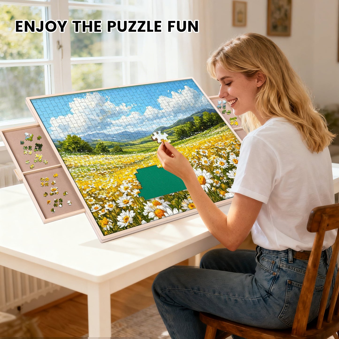 KALNUR 1500 Pieces 2-in-1 Tilting & Rotating Puzzle Board for Adults Gifts, Wooden Jigsaw Puzzle Table with 2 Drawers, Portable Board with Lazy Susan and Cover, 25.2" x 34.2"