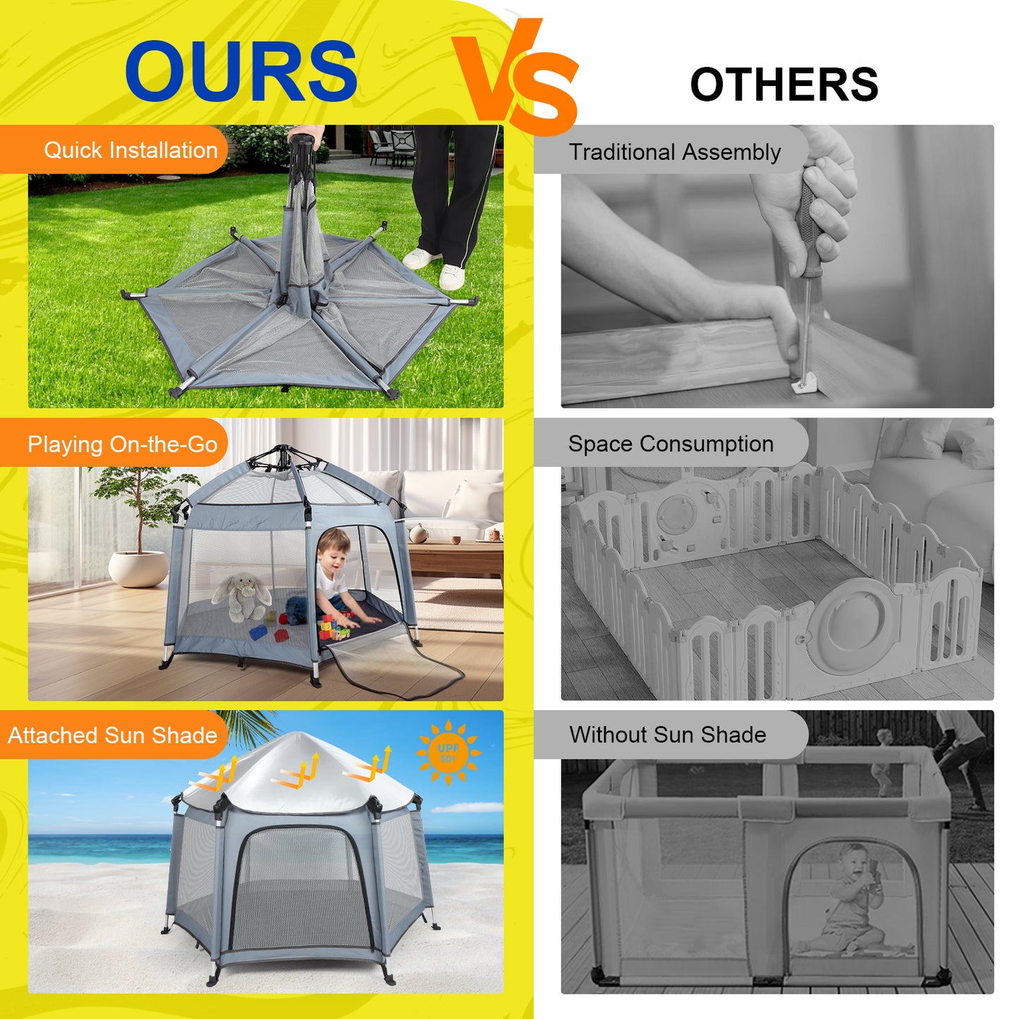 Baby Playpen with Canopy, Portable 1-Click Set Up Baby Tent,Foldable Playpen for Beach, Camping, Home, Lightweight Versatile Toddler Tent, with Travel Bag