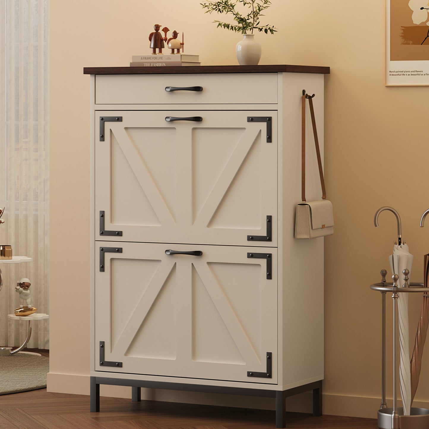 Loewten Shoe Cabinet Storage with 2 Flip Drawers & 1 Drawer,Narrow Free Standing Shoe Organizer Cabinet Slim Shoe Cabinet for Hallway,White