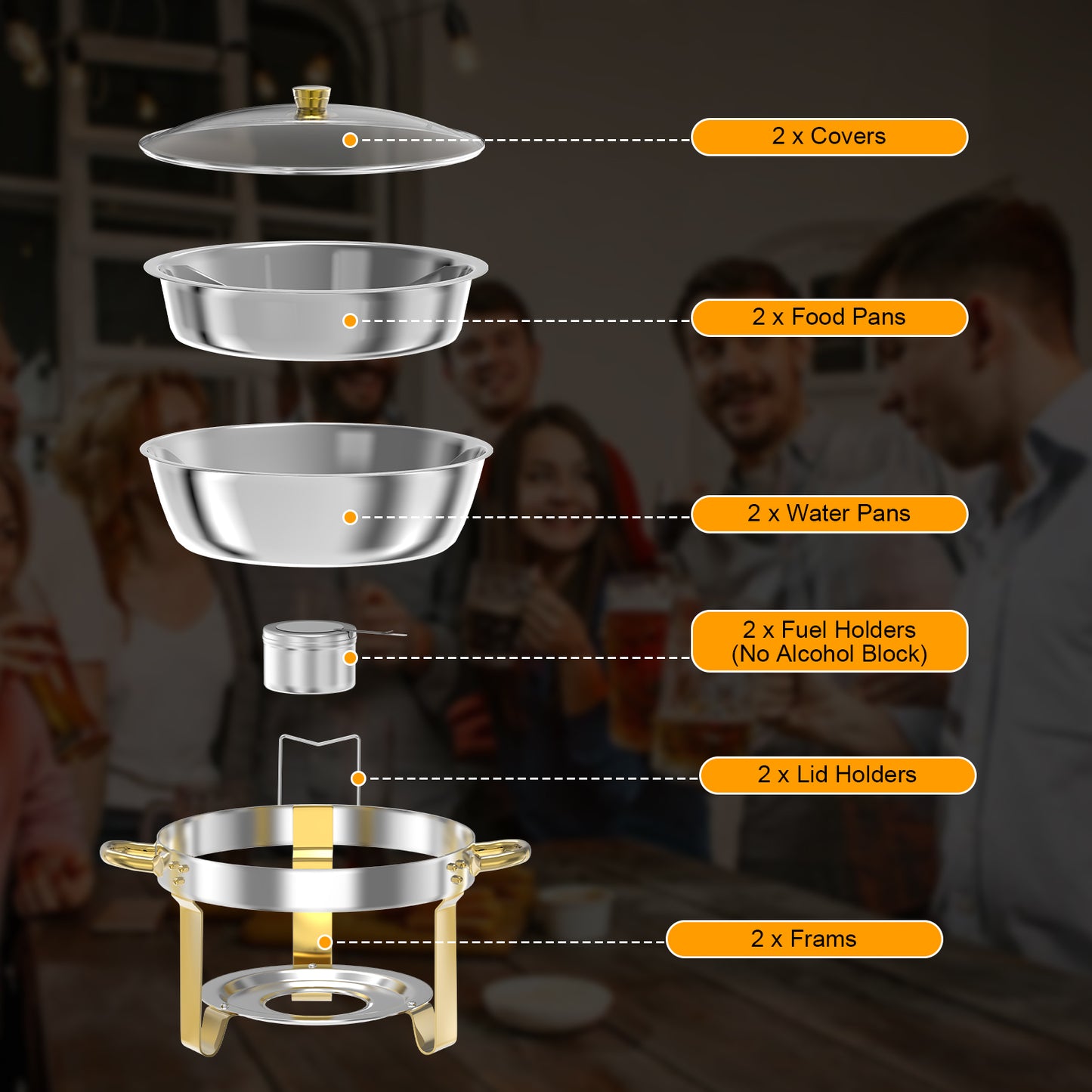 Loewten 2-Pack Chafing Dish Buffet Set,5QT Stainless Steel Catering Food Warmer with Lid & Holder for Parties,Events,Gold