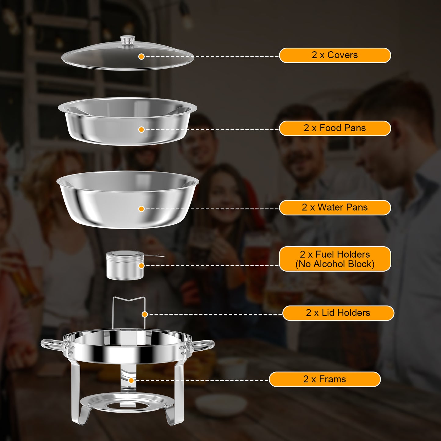 Loewten 2-Pack Chafing Dish Buffet Set,5QT Stainless Steel Catering Food Warmer with Lid & Holder for Parties, Events,Silver