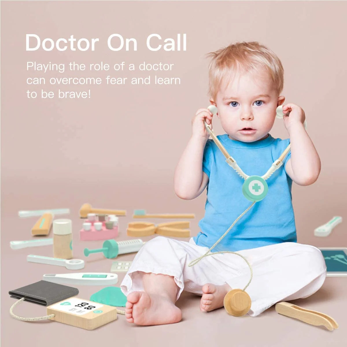 Doctor Set for Toddlers Kids Dentist Role Play Toy Set, 18 Piece Wooden Medical Set, Doctor Toy with Stethoscope and Medical Storage Bag, Gift for 3 4 5 Year Old Boys and Girls(Pink)
