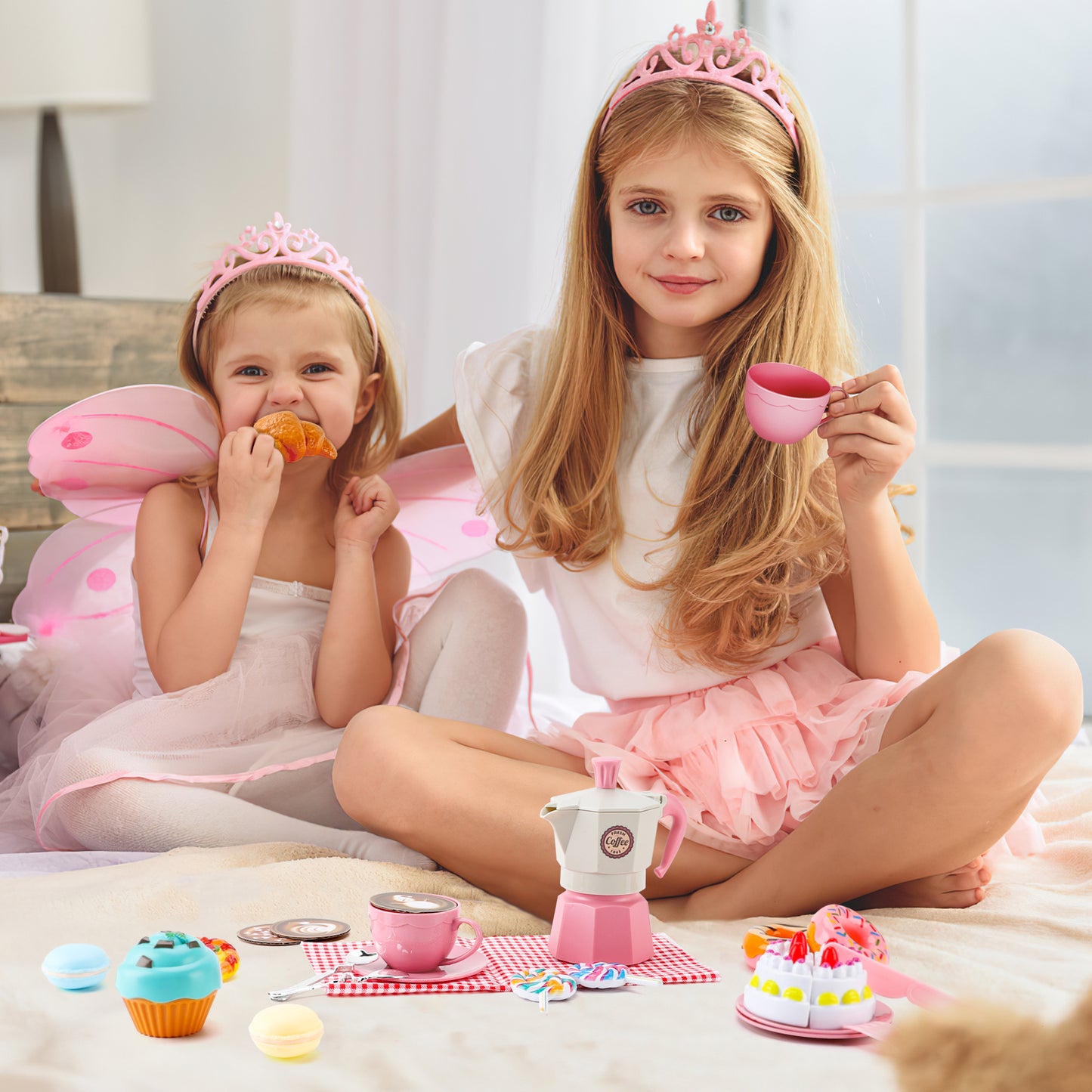 Crtynell Tea Party Set for Little Girls, 30 Pcs Picnic Basket Set with Carry Case, Teapot, Tea Cup, Dessert & Table Cloth, Pretend Play Toy Gifts for Kids 4 5 6 Year Old (Pink)