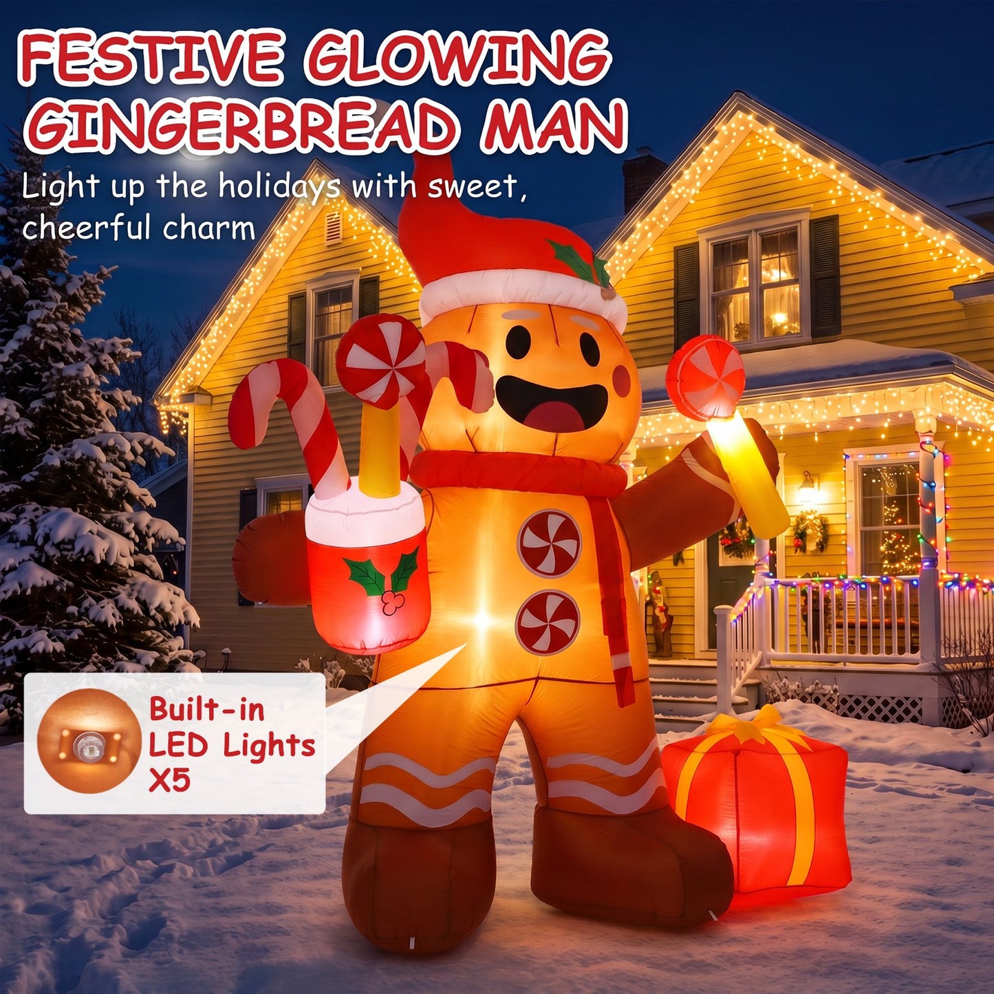 8 FT Christmas Inflatable Gingerbread Man in Lollipop Outdoor Decorations with 5 LED Lights Holiday Yard Decoration Christmas Blow Up Decor Large Sets for Garden Lawn Xmas Party