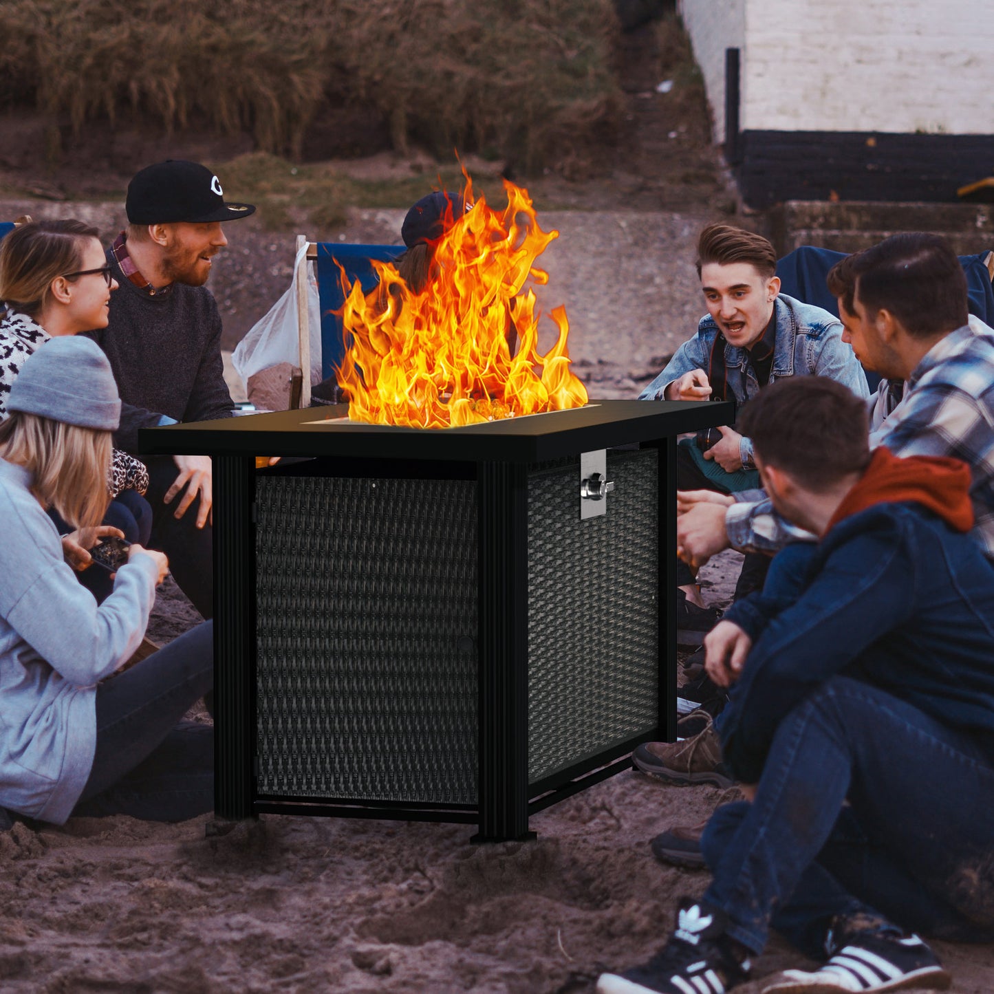 44 Inch Propane Gas Fire Pit Table, 50000 BTU 2-in-1 Fire Pit with Lid and Lava Rock & Waterproof Cover and Tables,Black