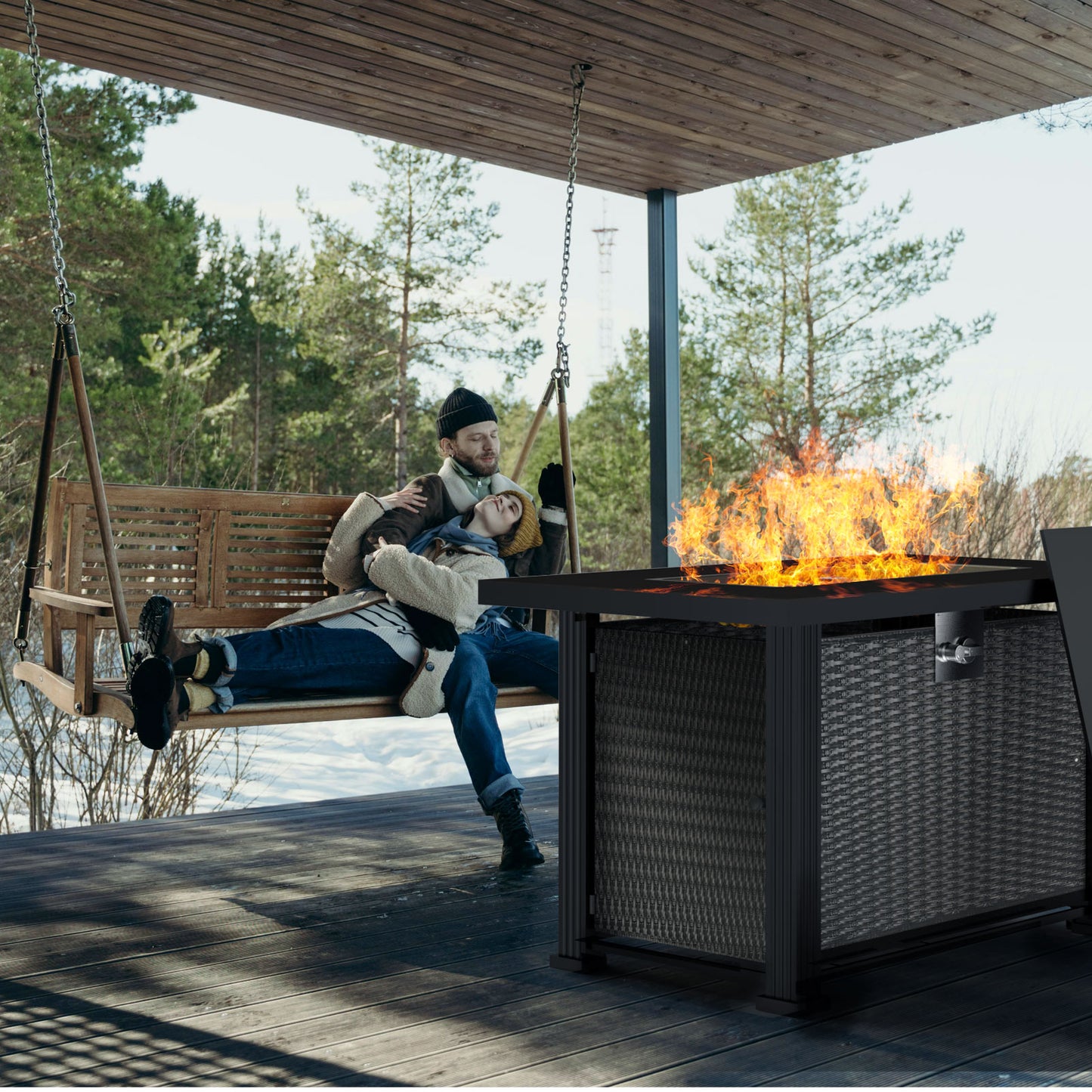 44 Inch Propane Gas Fire Pit Table, 50000 BTU 2-in-1 Fire Pit with Lid and Lava Rock & Waterproof Cover and Tables,Black