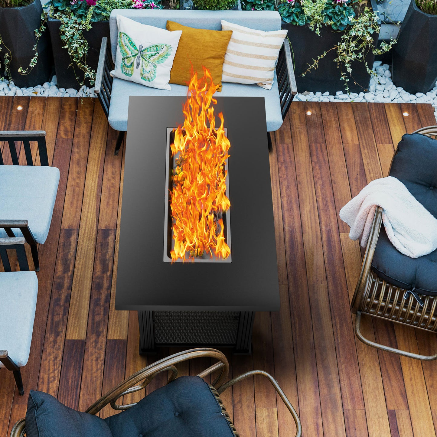 44 Inch Propane Gas Fire Pit Table, 50000 BTU 2-in-1 Fire Pit with Lid and Lava Rock & Waterproof Cover and Tables,Black