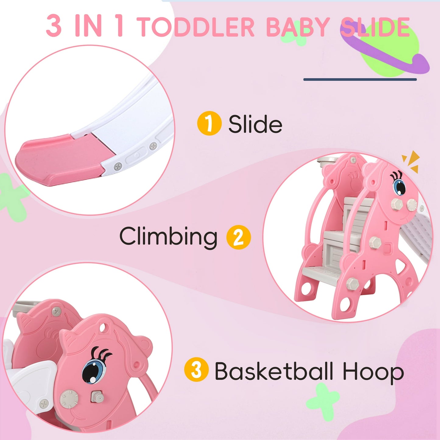 Foldable kids slide, toddler slide, compact multi-purpose family indoor and outdoor play equipment, toddler climbing slide with basketball stand, pink