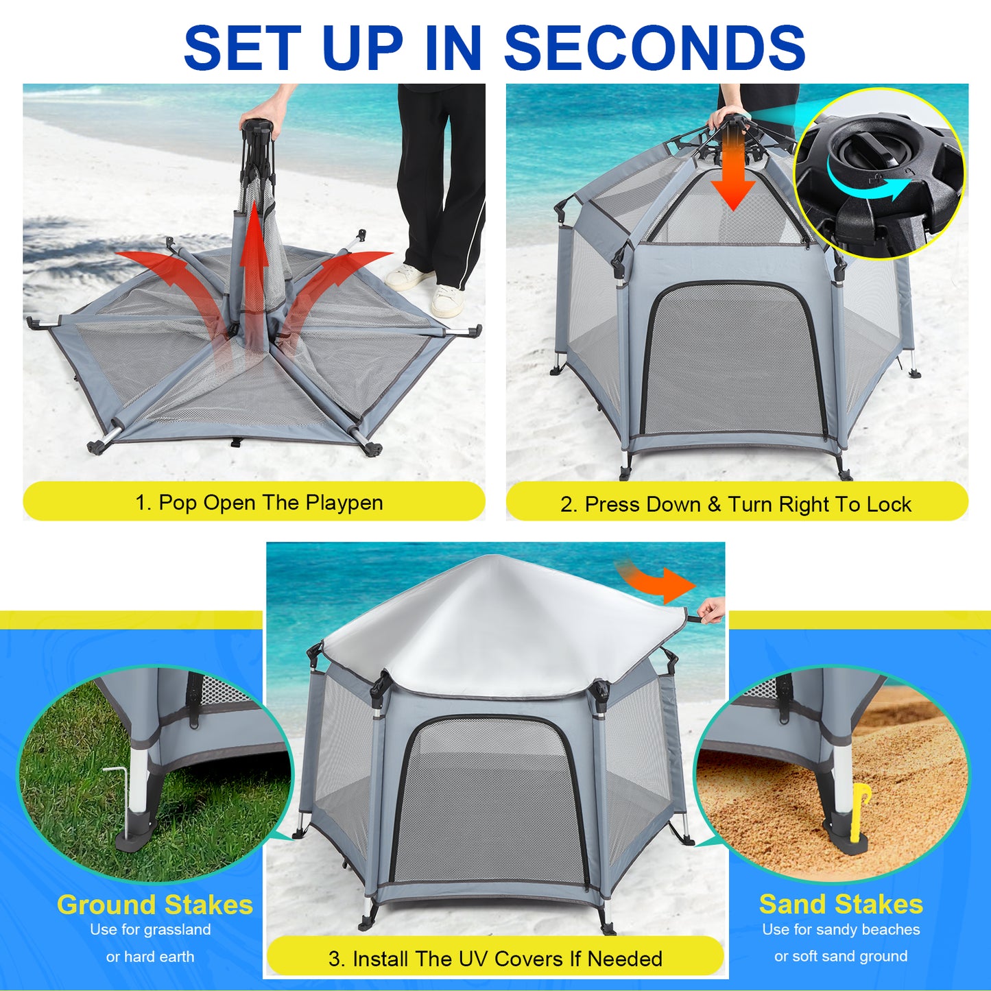 Baby Playpen with Canopy, Portable 1-Click Set Up Baby Tent,Foldable Playpen for Beach, Camping, Home, Lightweight Versatile Toddler Tent, with Travel Bag