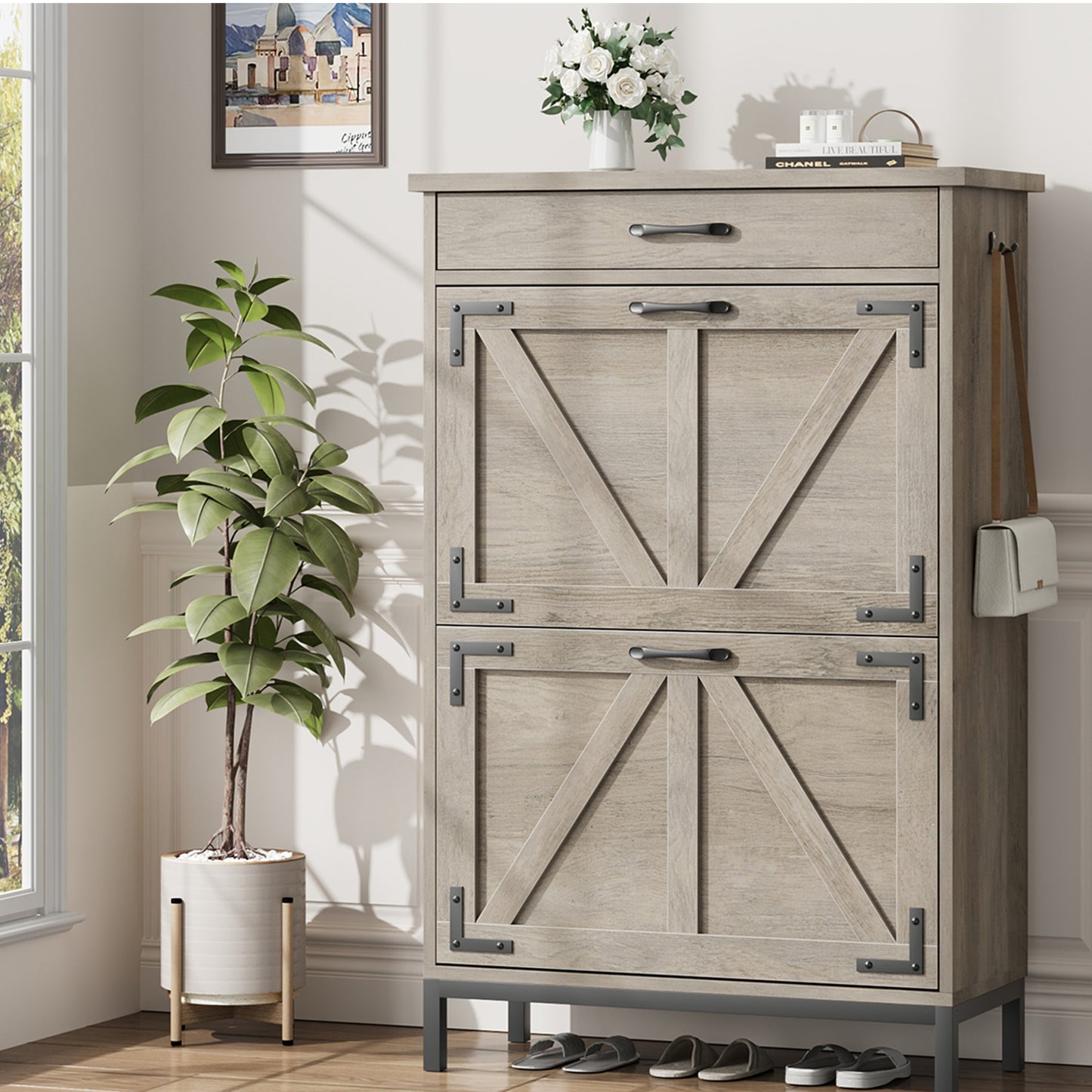 Loewten Shoe Cabinet Storage with 2 Flip Drawers & 1 Drawer,Narrow Free Standing Shoe Organizer Cabinet Slim Shoe Cabinet for Hallway,Gray