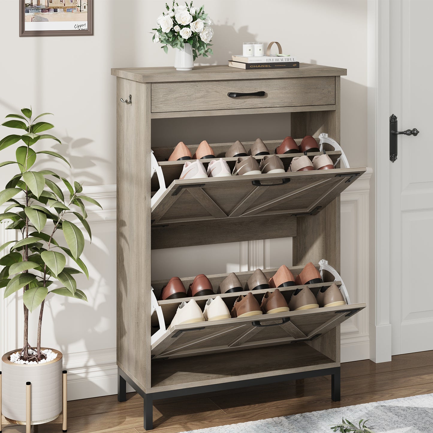 Loewten Shoe Cabinet Storage with 2 Flip Drawers & 1 Drawer,Narrow Free Standing Shoe Organizer Cabinet Slim Shoe Cabinet for Hallway,Gray