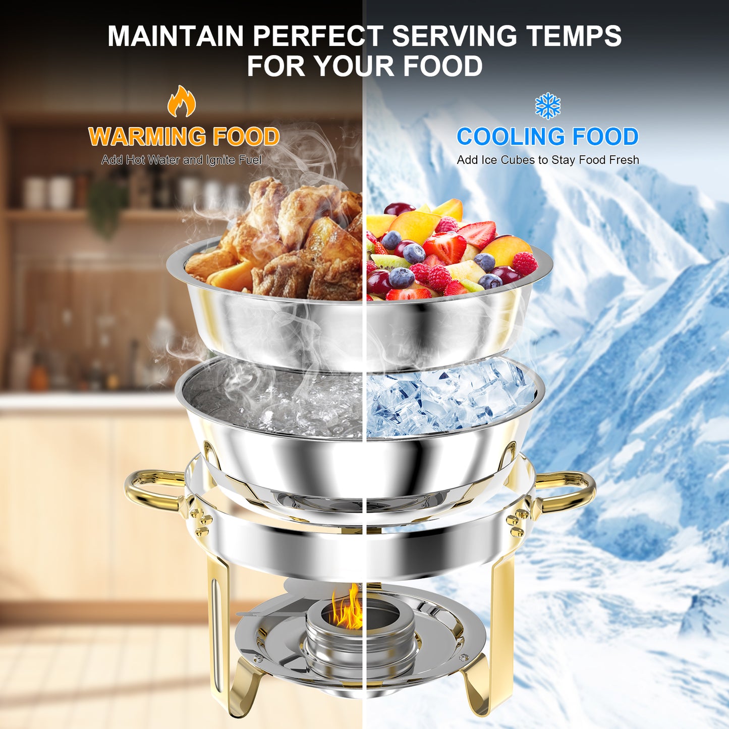 Loewten 2-Pack Chafing Dish Buffet Set,5QT Stainless Steel Catering Food Warmer with Lid & Holder for Parties,Events,Gold