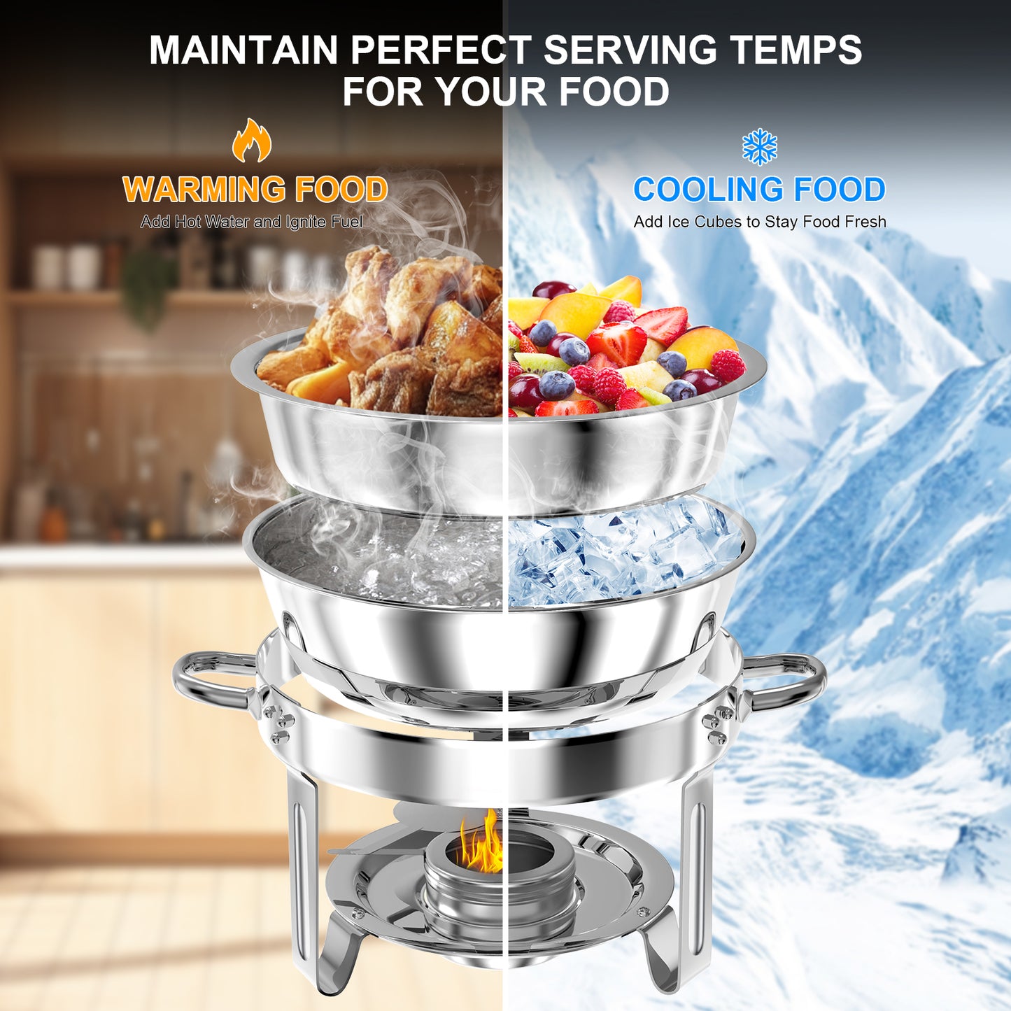 Loewten 2-Pack Chafing Dish Buffet Set,5QT Stainless Steel Catering Food Warmer with Lid & Holder for Parties, Events,Silver