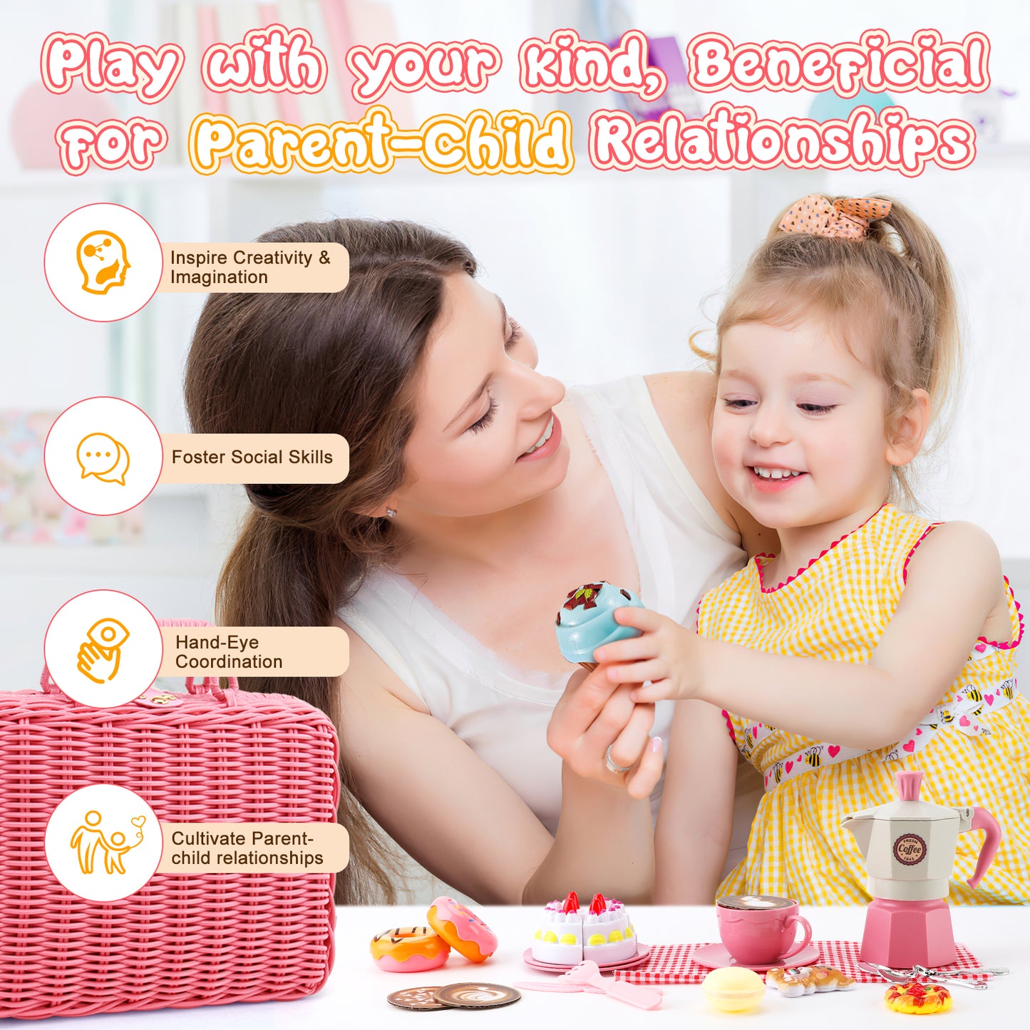 Crtynell Tea Party Set for Little Girls, 30 Pcs Picnic Basket Set with Carry Case, Teapot, Tea Cup, Dessert & Table Cloth, Pretend Play Toy Gifts for Kids 4 5 6 Year Old (Pink)