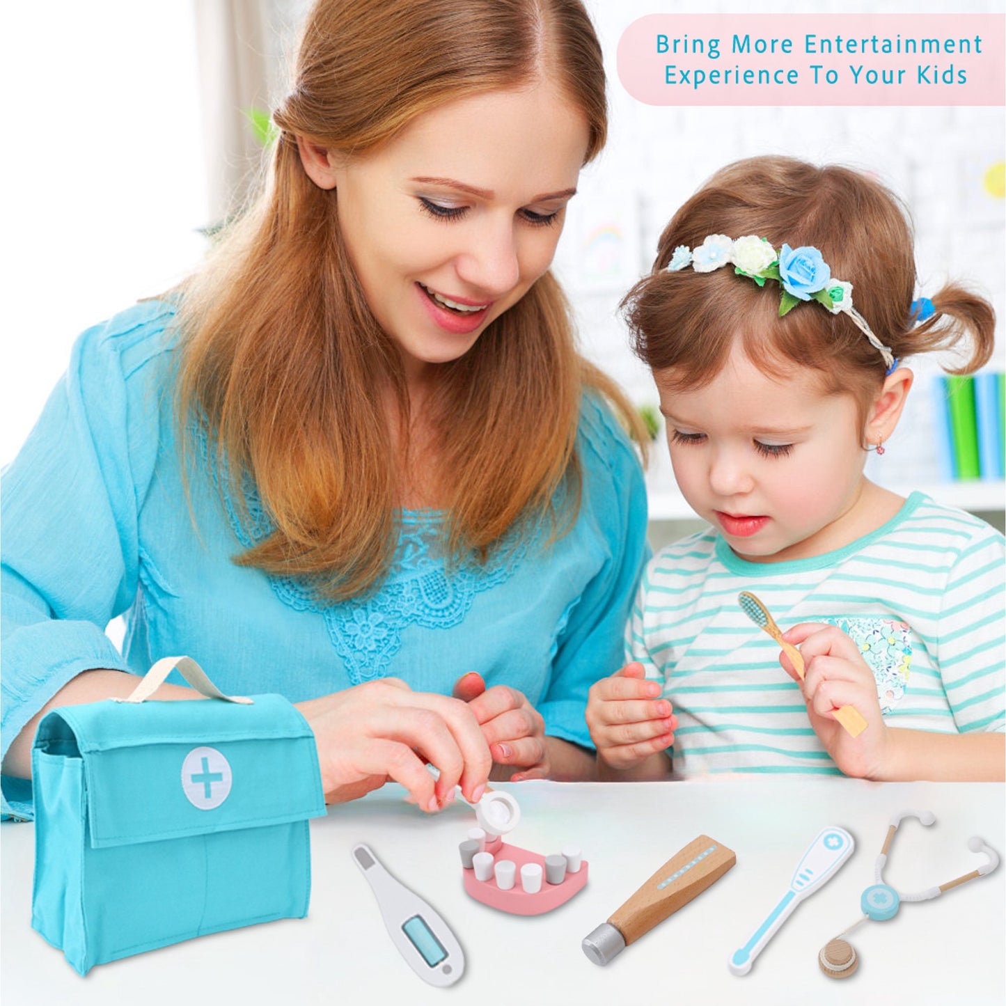 Doctor Set for Toddlers Kids Dentist Role Play Toy Set, 18 Piece Wooden Medical Set, Doctor Toy with Stethoscope and Medical Storage Bag, Gift for 3 4 5 Year Old Boys and Girls(Blue)