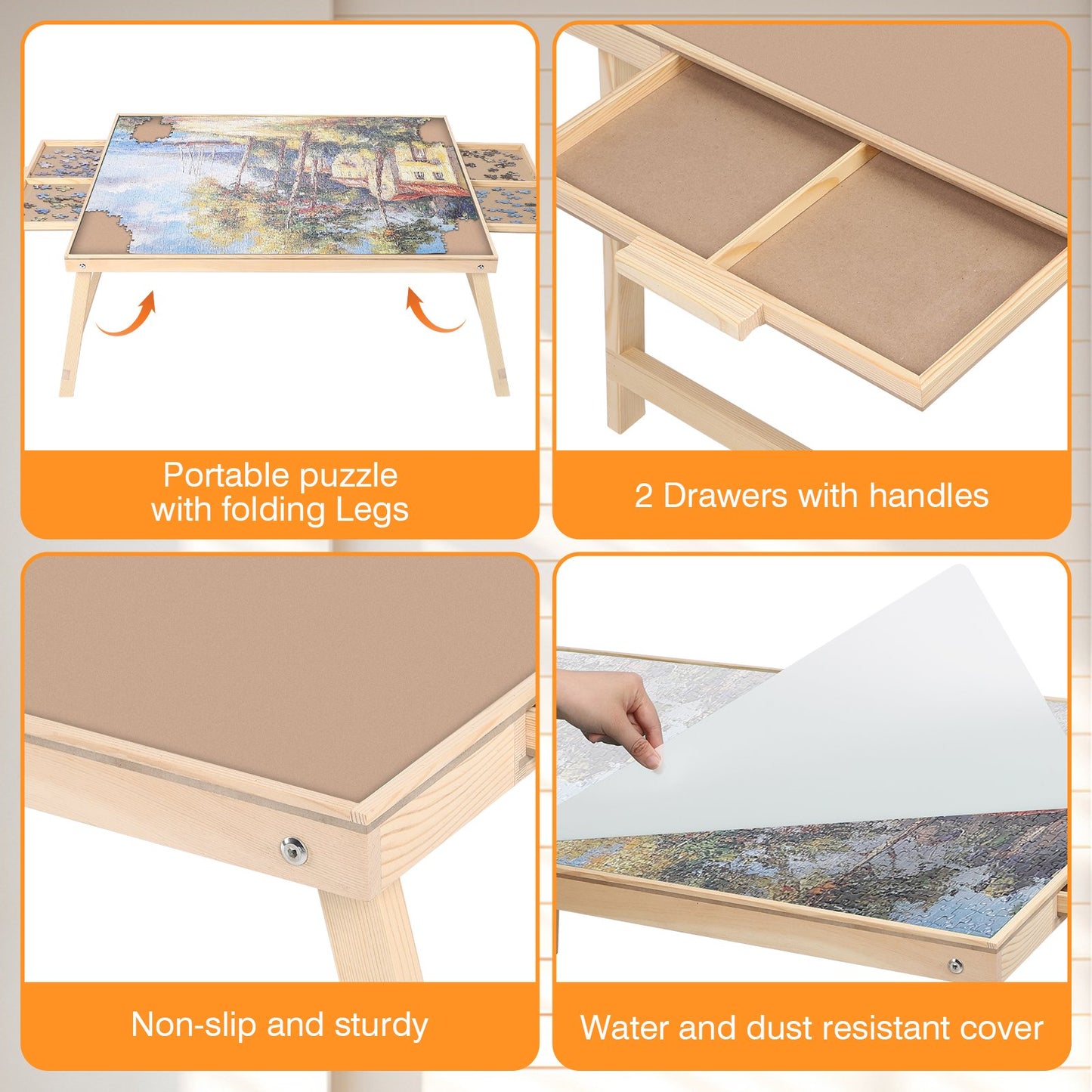 1500 Piece Puzzle Board With Folding Legs And 2 Sliding Drawers,34" X 26" Wooden Jigsaw Puzzle Table,Wood Puzzle Tray For Adults And Kids