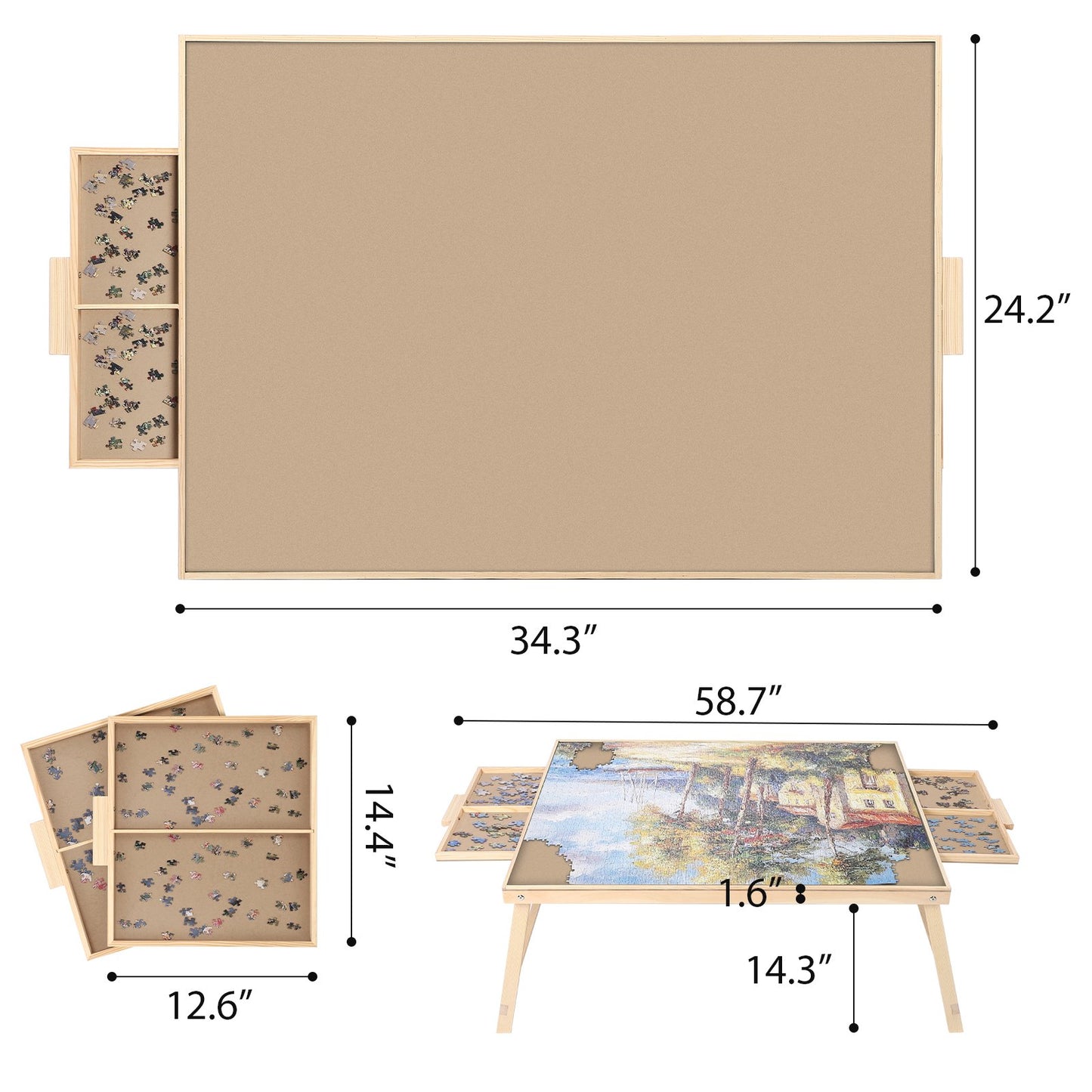 1500 Piece Puzzle Board With Folding Legs And 2 Sliding Drawers,34" X 26" Wooden Jigsaw Puzzle Table,Wood Puzzle Tray For Adults And Kids
