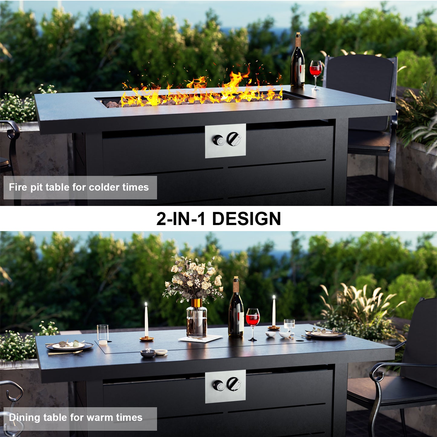 44 Inch Propane Gas Fire Pit Table, 50000 BTU 2-in-1 Fire Pit with Lid and Lava Rock & Waterproof Cover and Tables