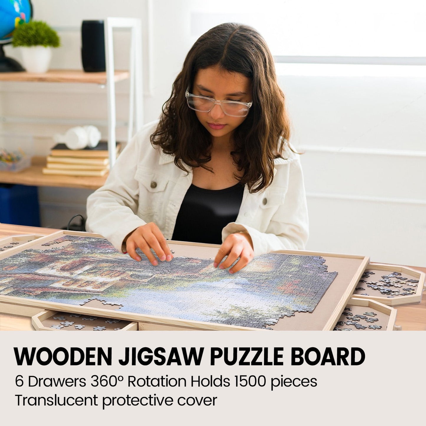 Rotating Puzzle Board With Drawer Cover, 34x26 Inch Wooden Puzzle Table,Portable Puzzle Tables for Adults and Kids