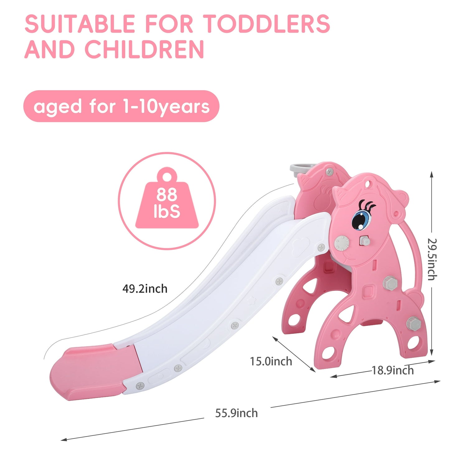Foldable kids slide, toddler slide, compact multi-purpose family indoor and outdoor play equipment, toddler climbing slide with basketball stand, pink