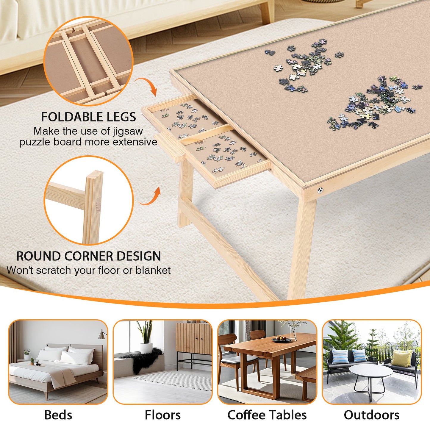 1500 Piece Puzzle Board With Folding Legs And 2 Sliding Drawers,34" X 26" Wooden Jigsaw Puzzle Table,Wood Puzzle Tray For Adults And Kids