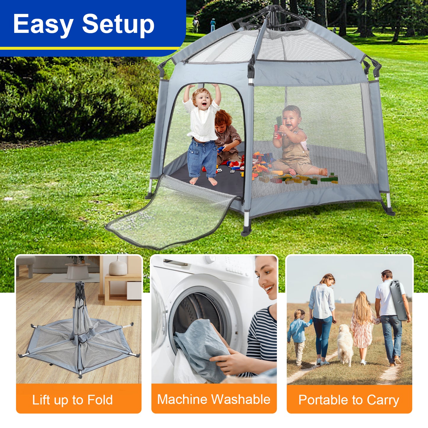 Baby Playpen with Canopy, Portable 1-Click Set Up Baby Tent,Foldable Playpen for Beach, Camping, Home, Lightweight Versatile Toddler Tent, with Travel Bag
