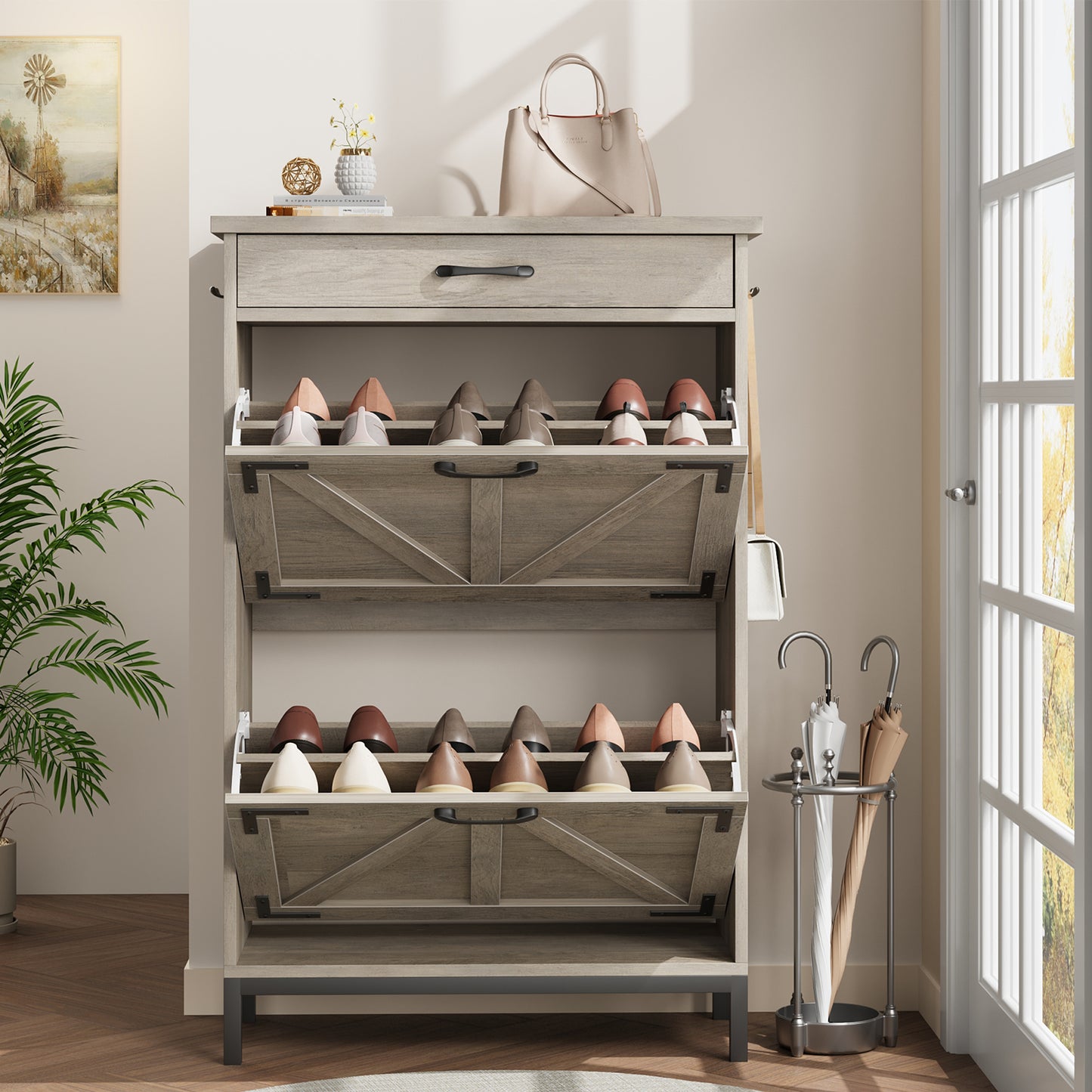 Loewten Shoe Cabinet Storage with 2 Flip Drawers & 1 Drawer,Narrow Free Standing Shoe Organizer Cabinet Slim Shoe Cabinet for Hallway,Gray