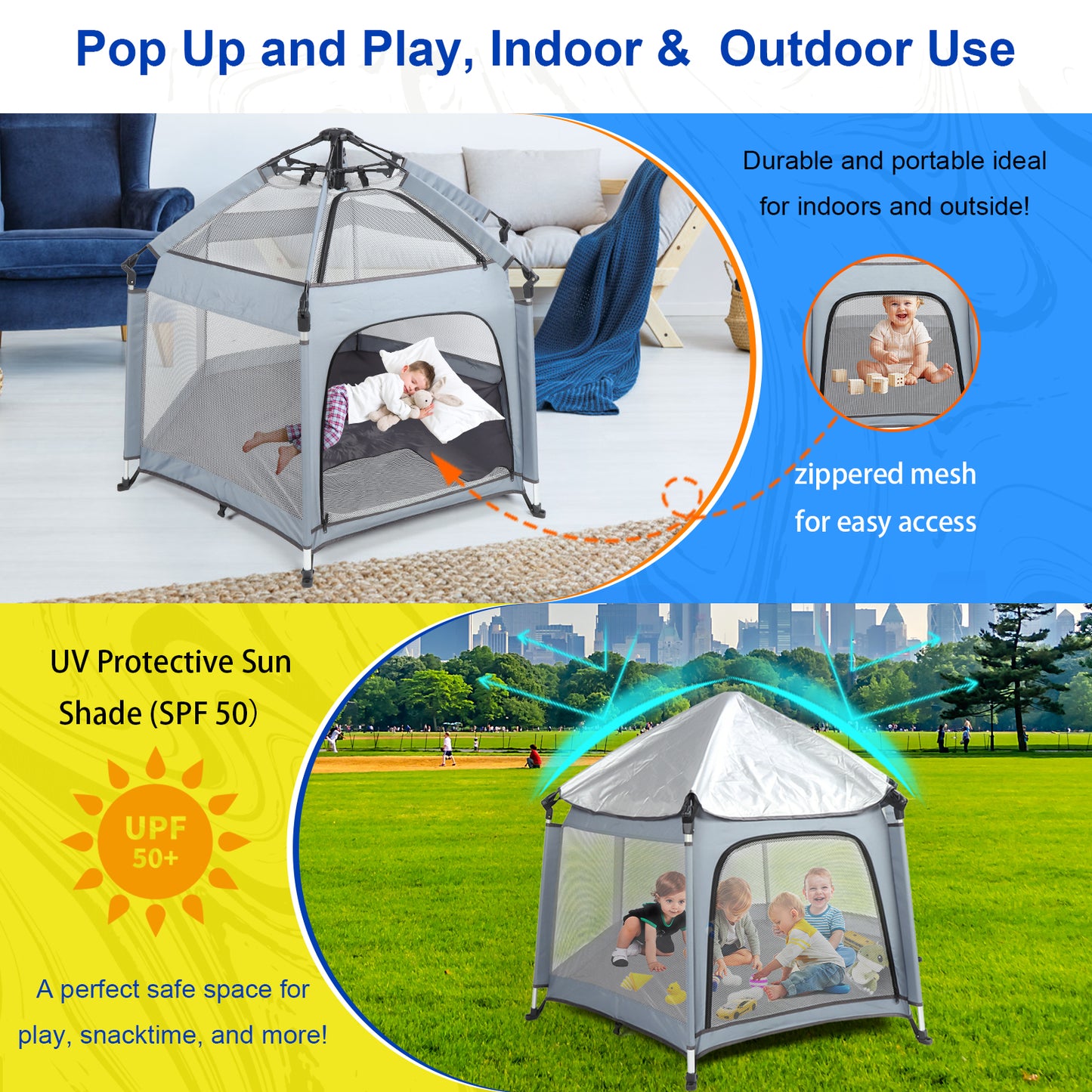 Baby Playpen with Canopy, Portable 1-Click Set Up Baby Tent,Foldable Playpen for Beach, Camping, Home, Lightweight Versatile Toddler Tent, with Travel Bag