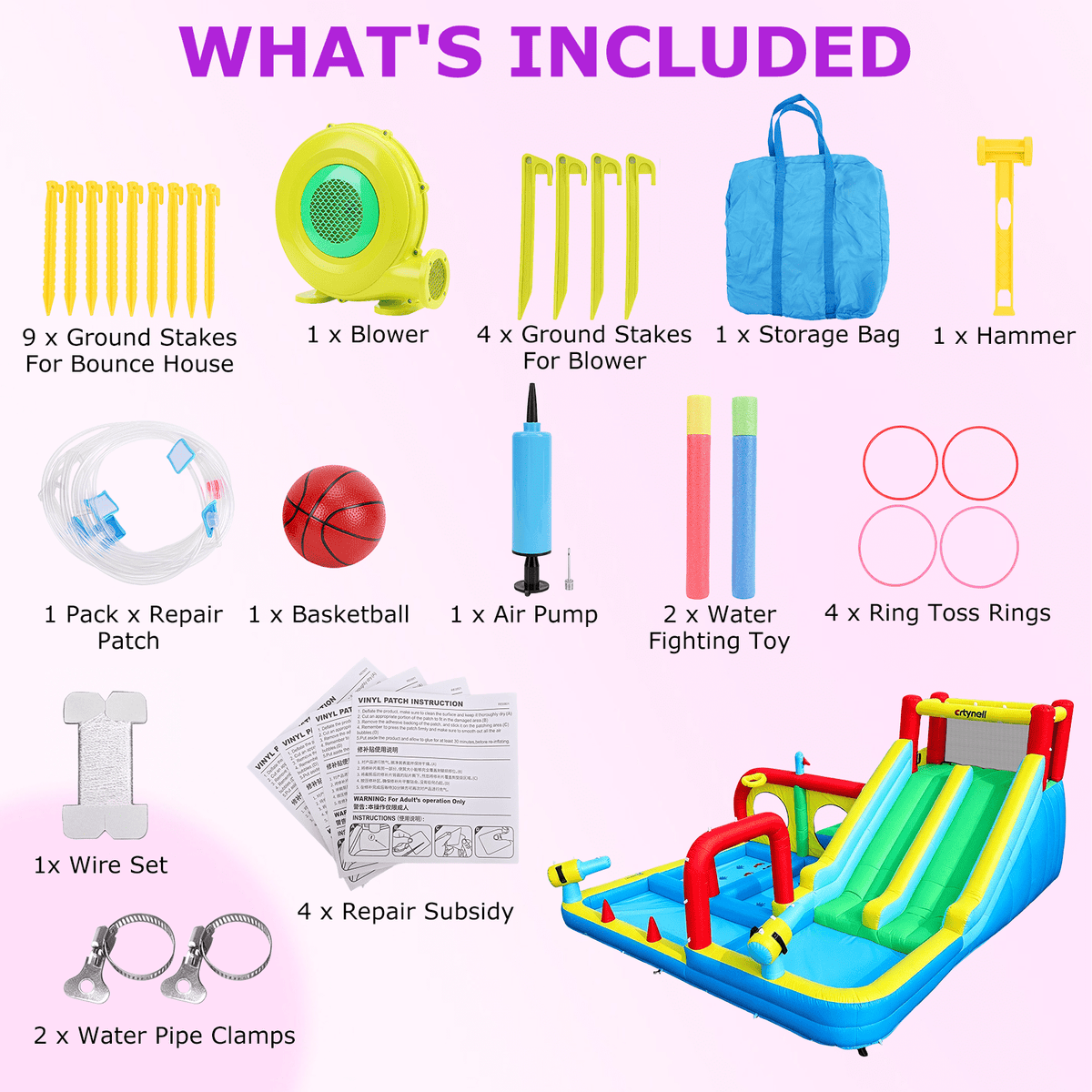 Inflatable Water Slide with Dual Slides, Bounce House with Climbing Wall, Dual Ball Pools, Water Guns, Basketball Hoop and Punching Game, Indoor/Outdoor Kids Inflatable Castle with Blower
