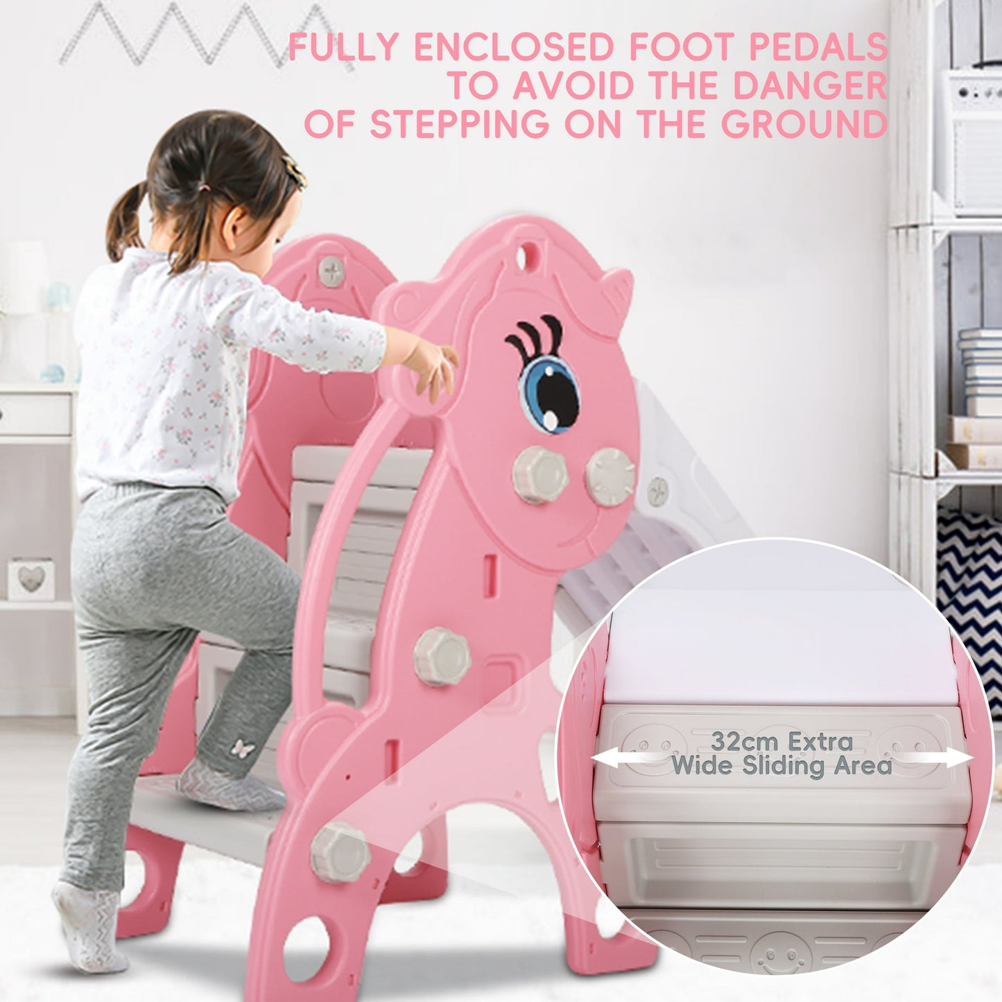 Foldable kids slide, toddler slide, compact multi-purpose family indoor and outdoor play equipment, toddler climbing slide with basketball stand, pink