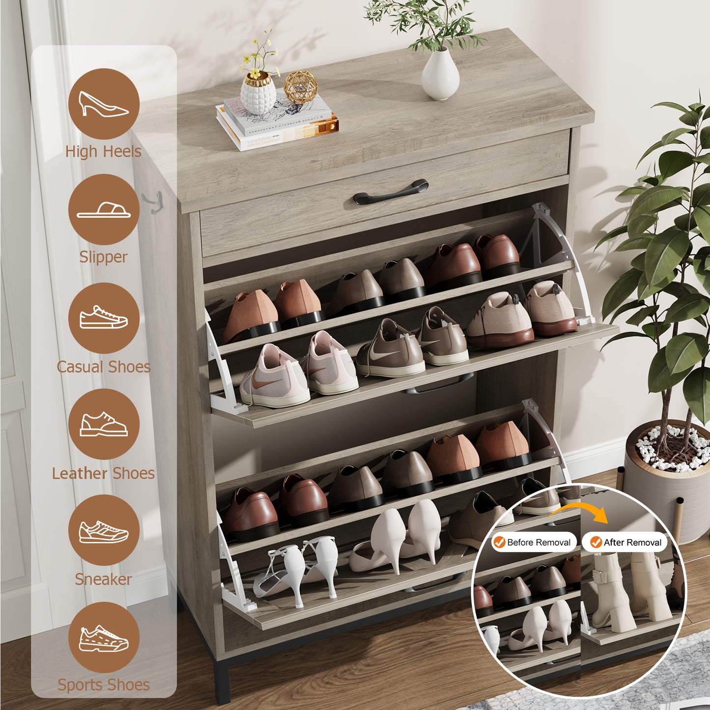 Loewten Shoe Cabinet Storage with 2 Flip Drawers & 1 Drawer,Narrow Free Standing Shoe Organizer Cabinet Slim Shoe Cabinet for Hallway,Gray