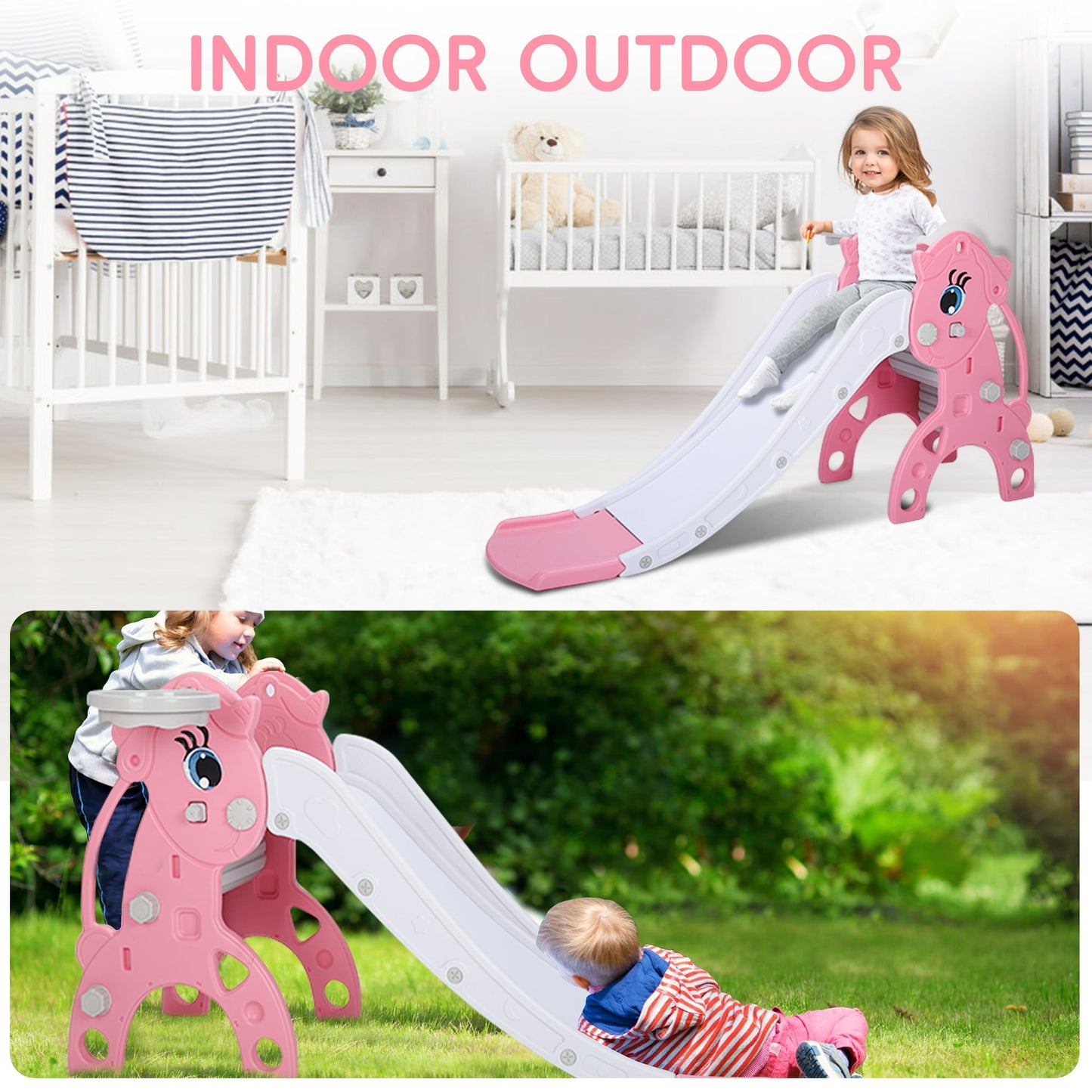 Foldable kids slide, toddler slide, compact multi-purpose family indoor and outdoor play equipment, toddler climbing slide with basketball stand, pink