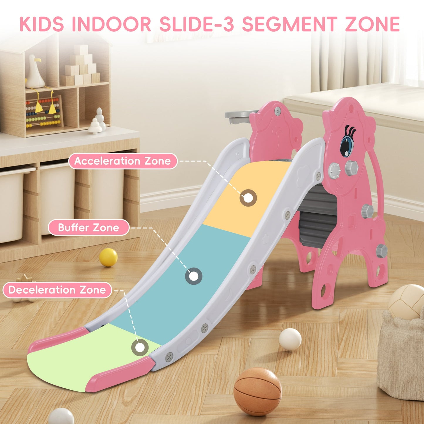 Foldable kids slide, toddler slide, compact multi-purpose family indoor and outdoor play equipment, toddler climbing slide with basketball stand, pink