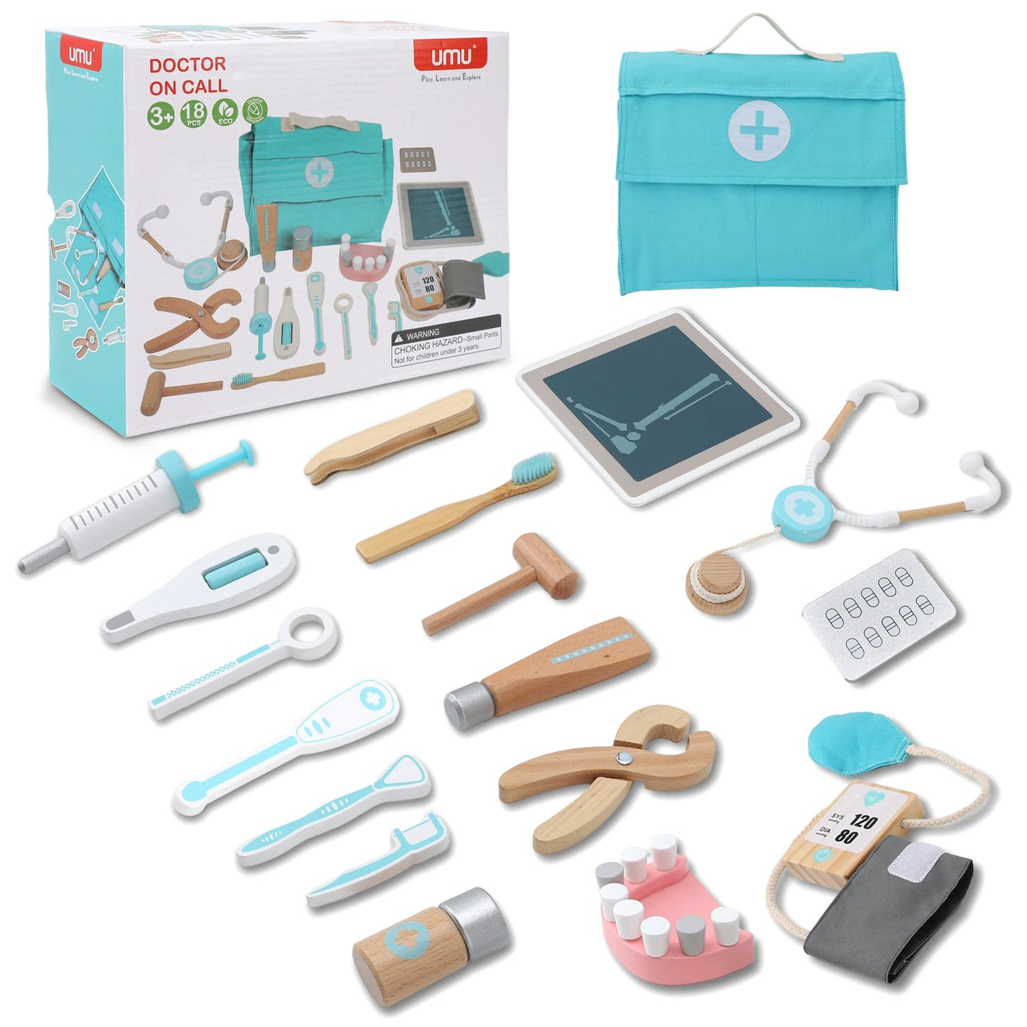 Doctor Set for Toddlers Kids Dentist Role Play Toy Set, 18 Piece Wooden Medical Set, Doctor Toy with Stethoscope and Medical Storage Bag, Gift for 3 4 5 Year Old Boys and Girls(Blue)