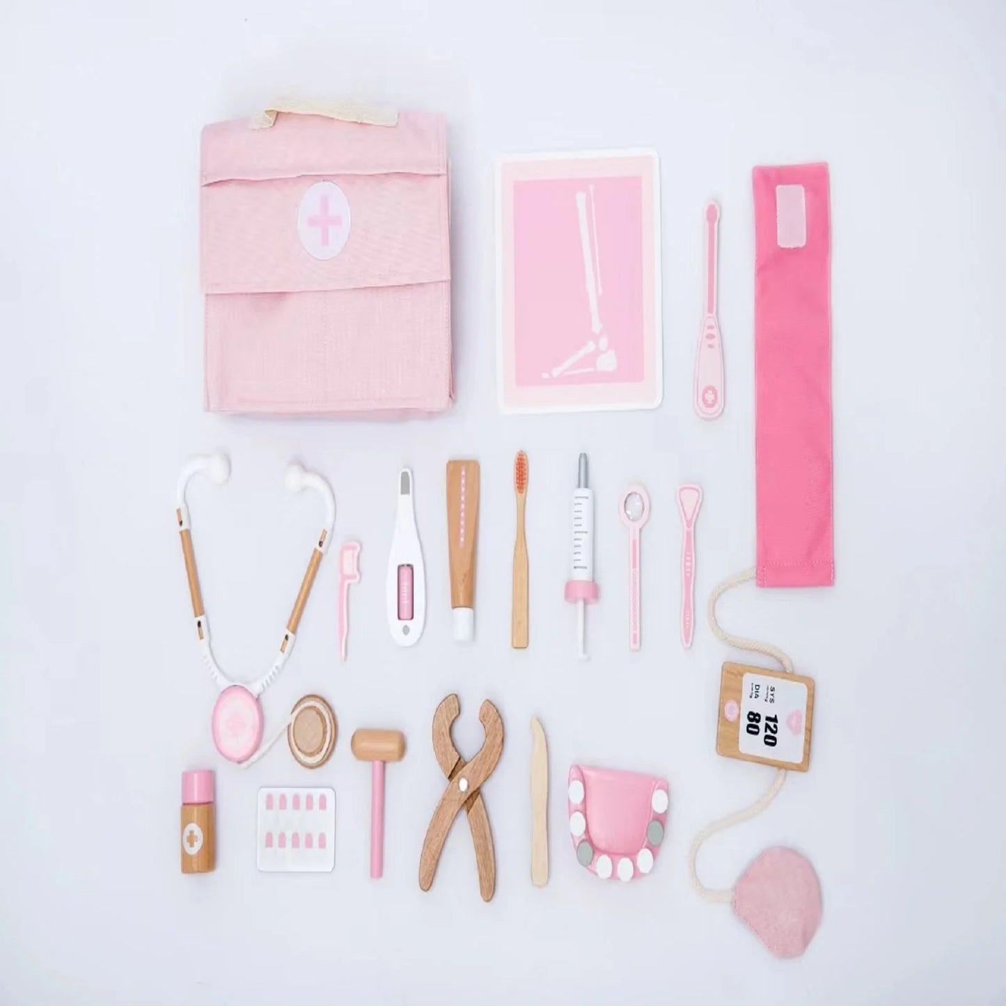 Doctor Set for Toddlers Kids Dentist Role Play Toy Set, 18 Piece Wooden Medical Set, Doctor Toy with Stethoscope and Medical Storage Bag, Gift for 3 4 5 Year Old Boys and Girls(Pink)