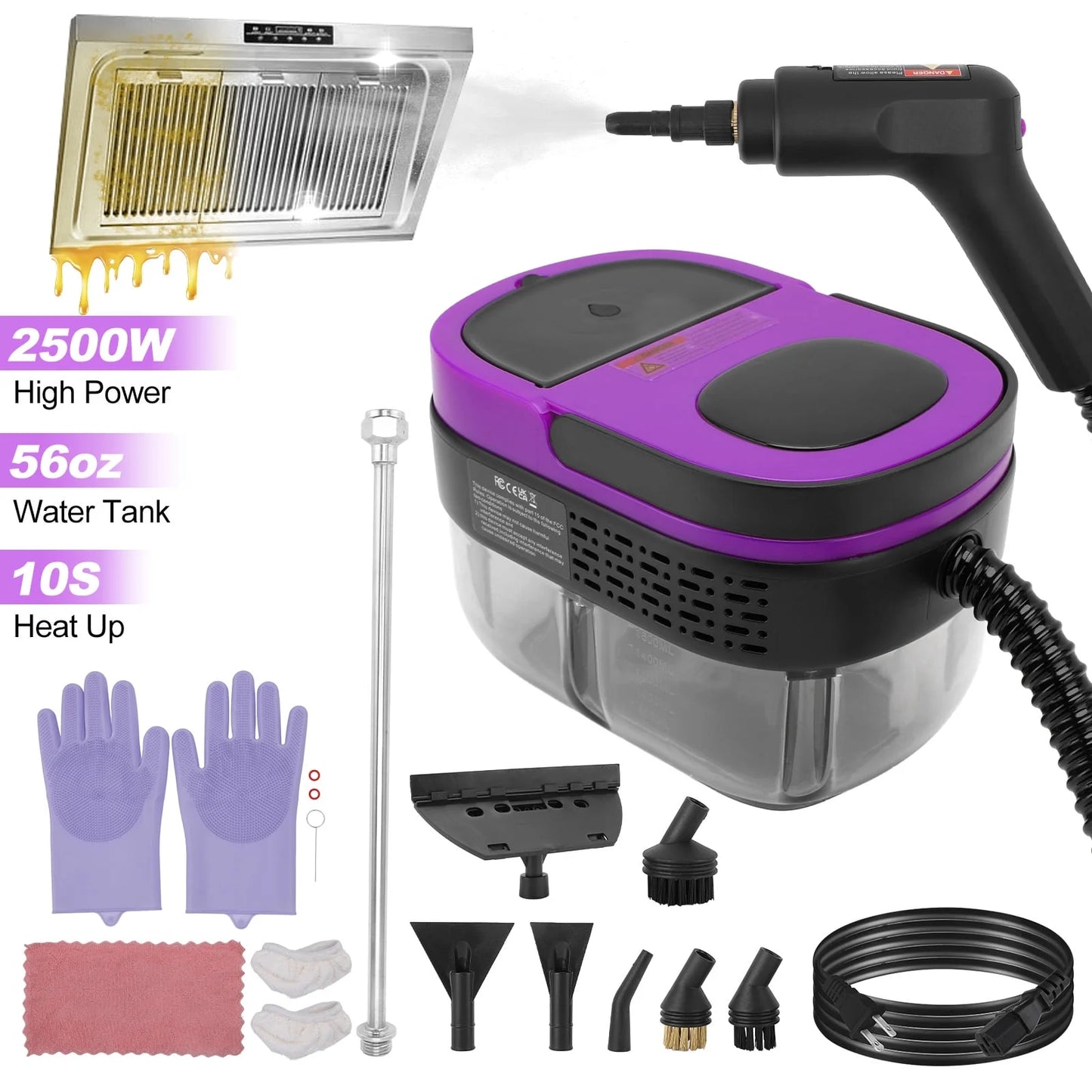 Steam Cleaner, 3-Level Adjustable Handle, 10s Fast Heat-Up, 1.6L Tank,Portable Steamer for Cleaning with 10 Pcs Accessories for Home,Dirt, Grease, Grout, Tile,Floor,Couch,Car,Violet