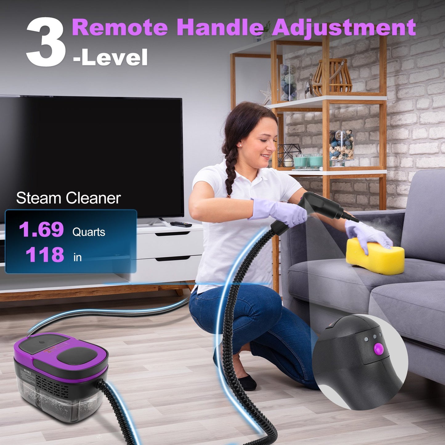 Steam Cleaner, 3-Level Adjustable Handle, 10s Fast Heat-Up, 1.6L Tank,Portable Steamer for Cleaning with 10 Pcs Accessories for Home,Dirt, Grease, Grout, Tile,Floor,Couch,Car,Violet