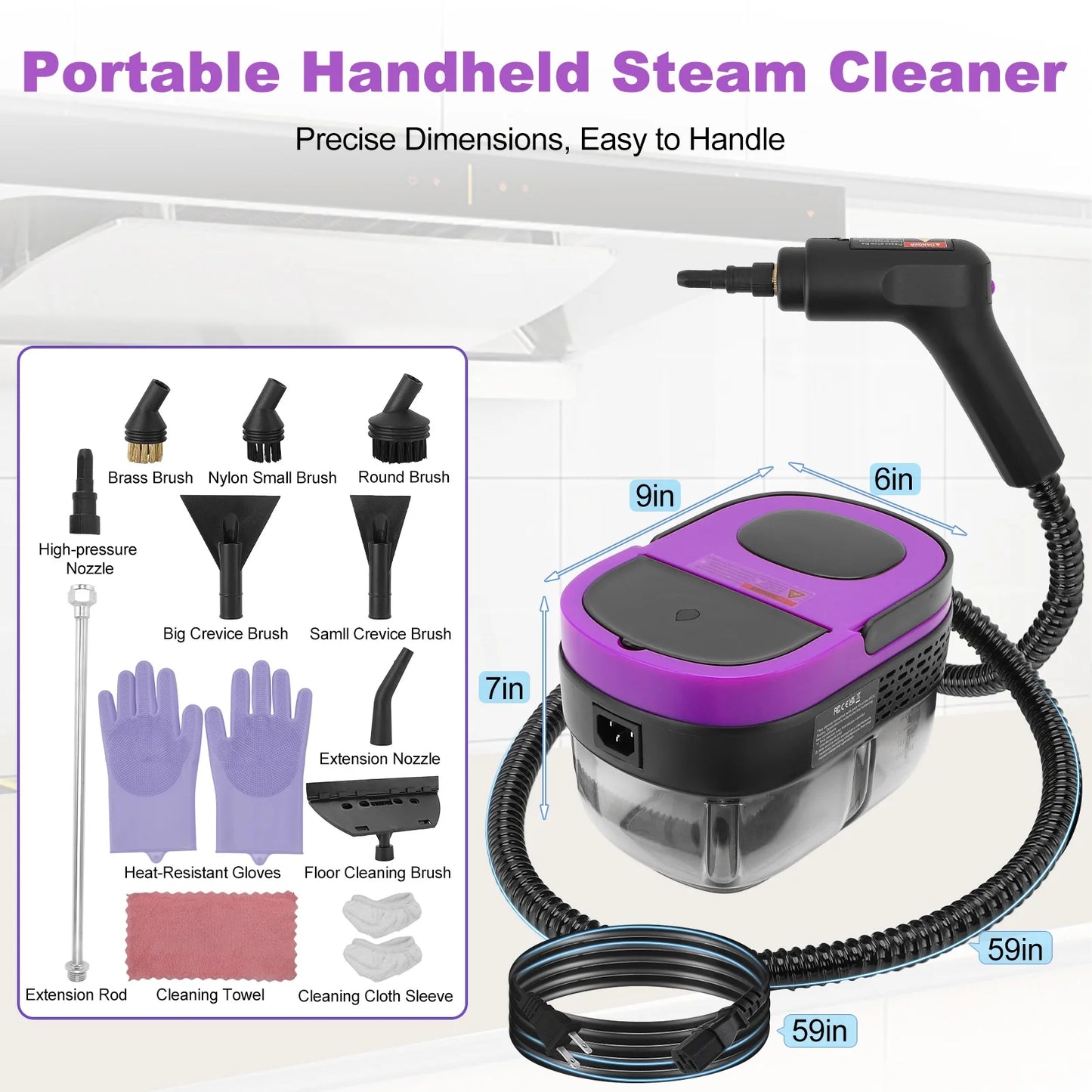 Steam Cleaner, 3-Level Adjustable Handle, 10s Fast Heat-Up, 1.6L Tank,Portable Steamer for Cleaning with 10 Pcs Accessories for Home,Dirt, Grease, Grout, Tile,Floor,Couch,Car,Violet