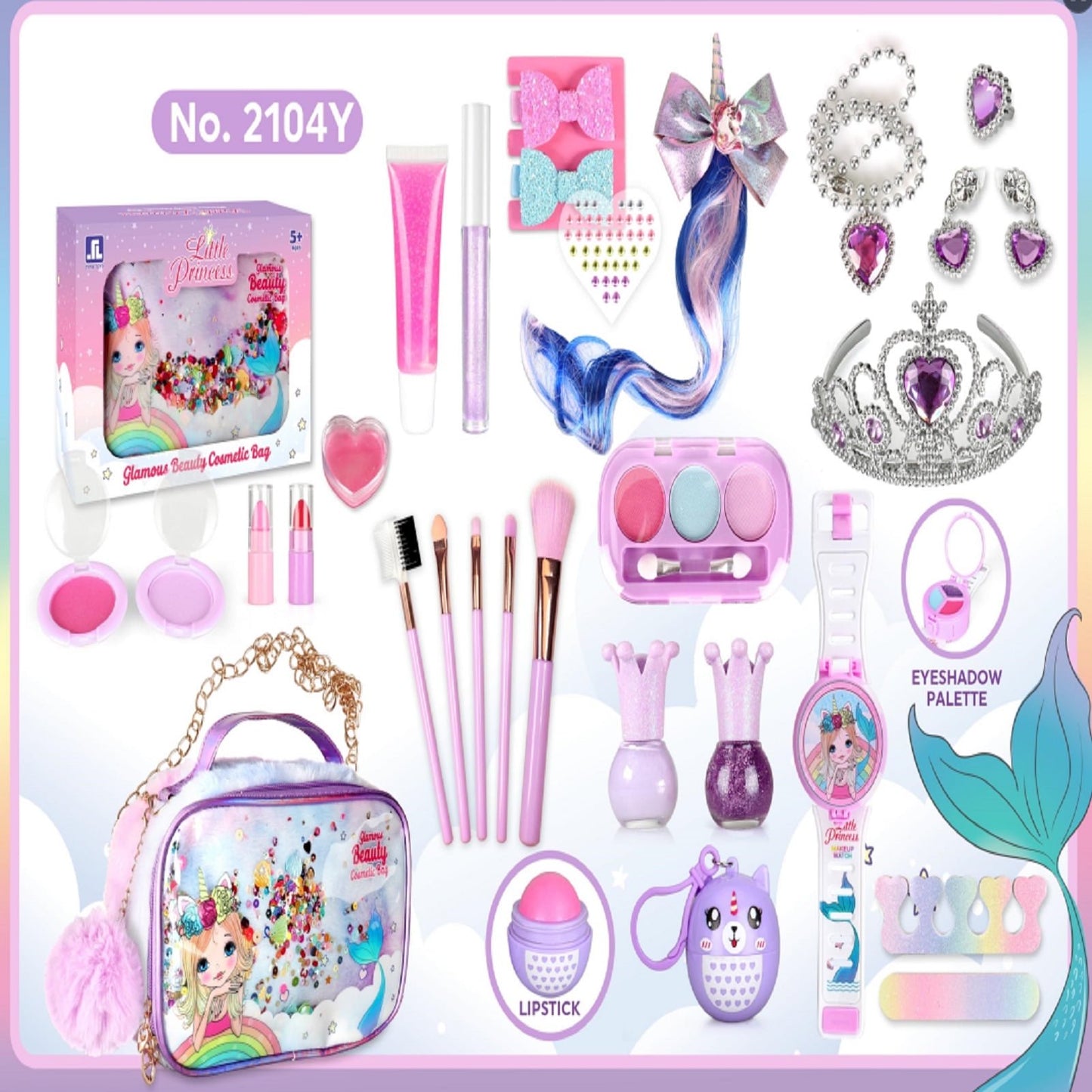 Kids Toy Makeup Set, Girls Fake Makeup Set, Kids Pretend Makeup Set With Princess Crown, Handbag, Wig And Other Girls Toys, Suitable For 3-12 Years Old Girls As Gifts For Birthday Christmas
